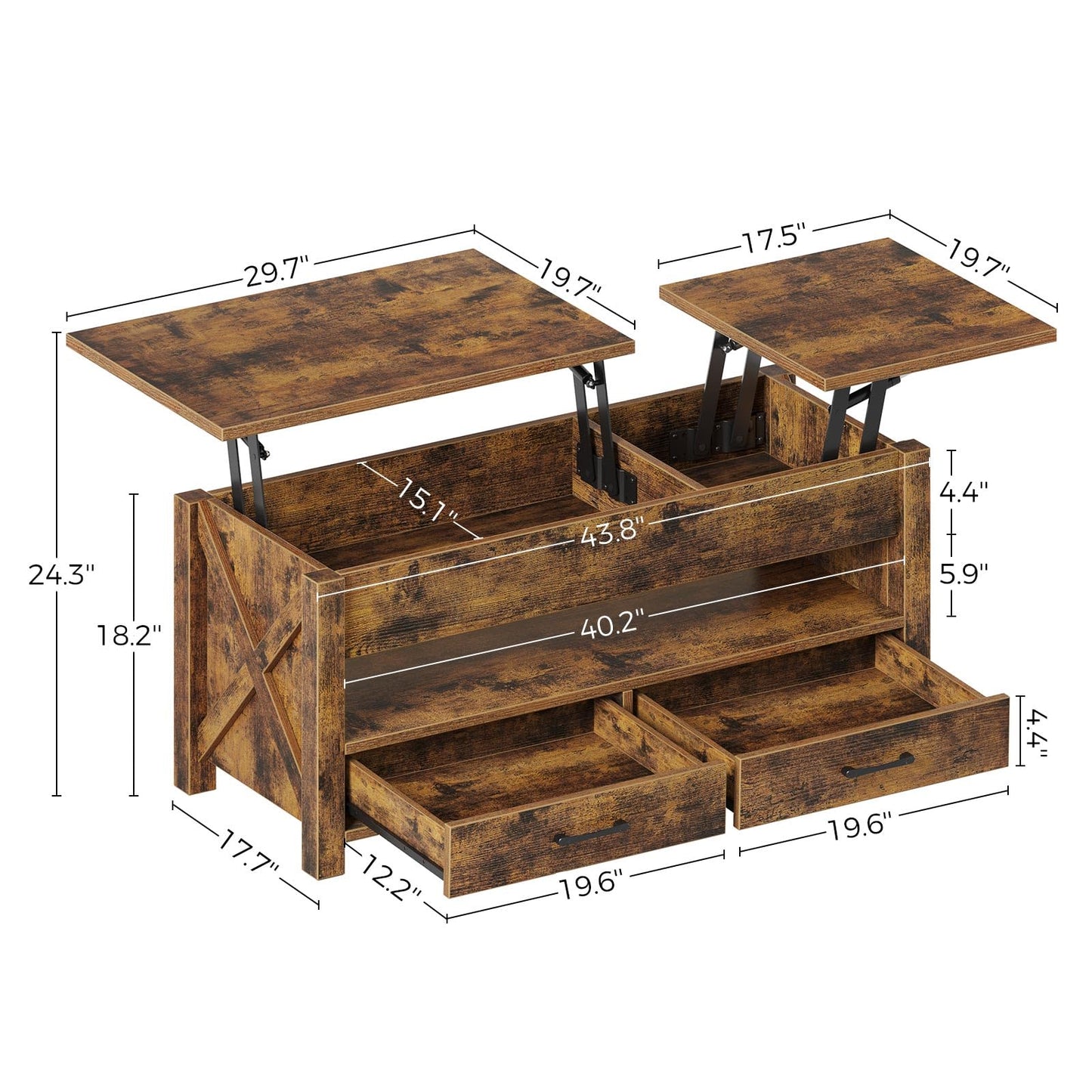 47.2" Black Lift Top Coffee Table – Farmhouse X-Frame Center Table with Hidden Storage & 2 Drawers