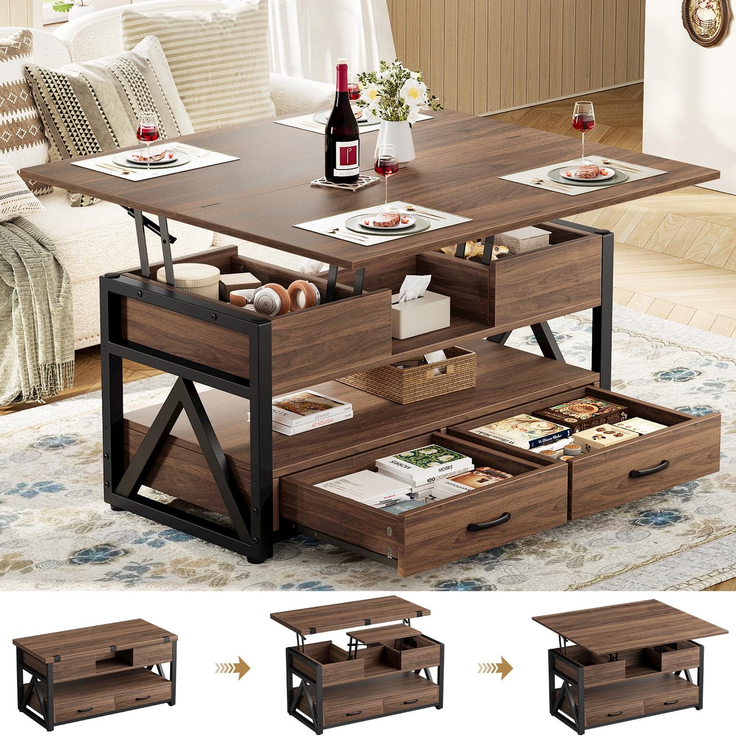 40" Lift Top Coffee Table,4 in 1 Multi-Function Lift Coffee Tables with Storage Drawers