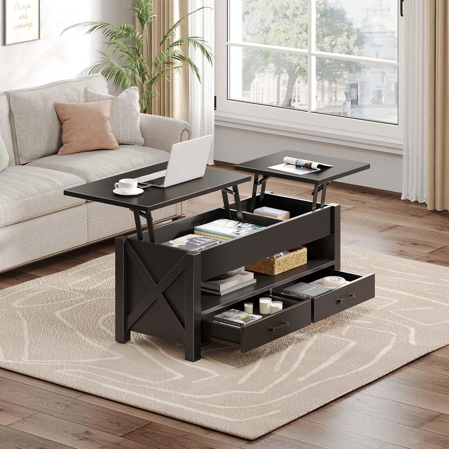 47.2" Black Lift Top Coffee Table – Farmhouse X-Frame Center Table with Hidden Storage & 2 Drawers