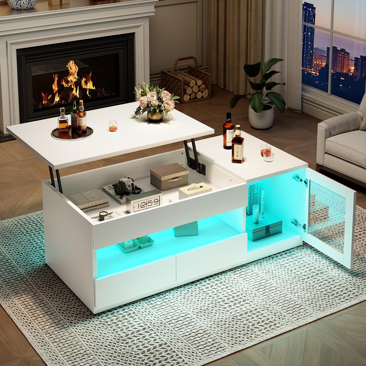 39.4" Lift Top Coffee Table with 2 Drawers, Modern LED Coffee Tables for Living Room