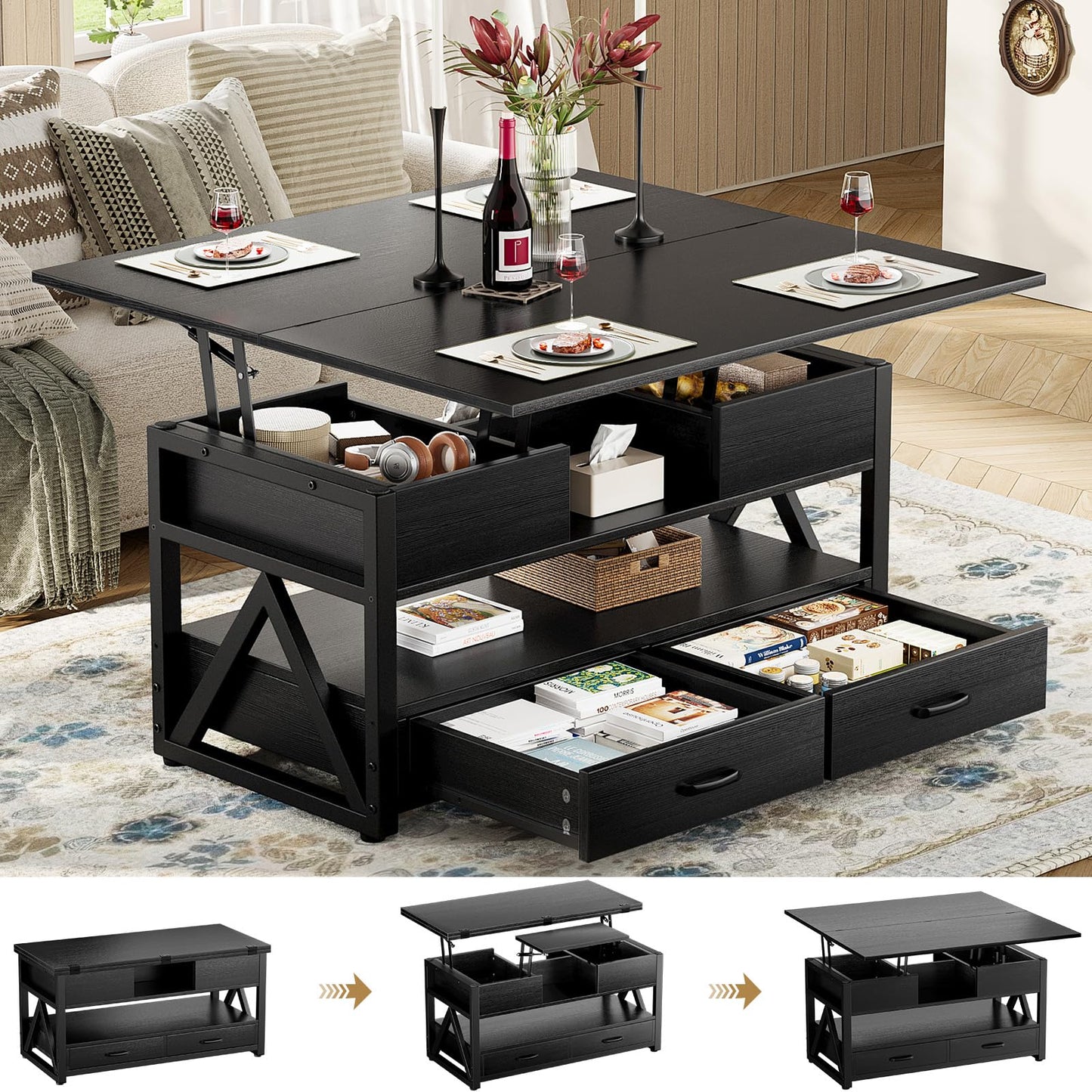 40" Lift Top Coffee Table,4 in 1 Multi-Function Lift Coffee Tables with Storage Drawers