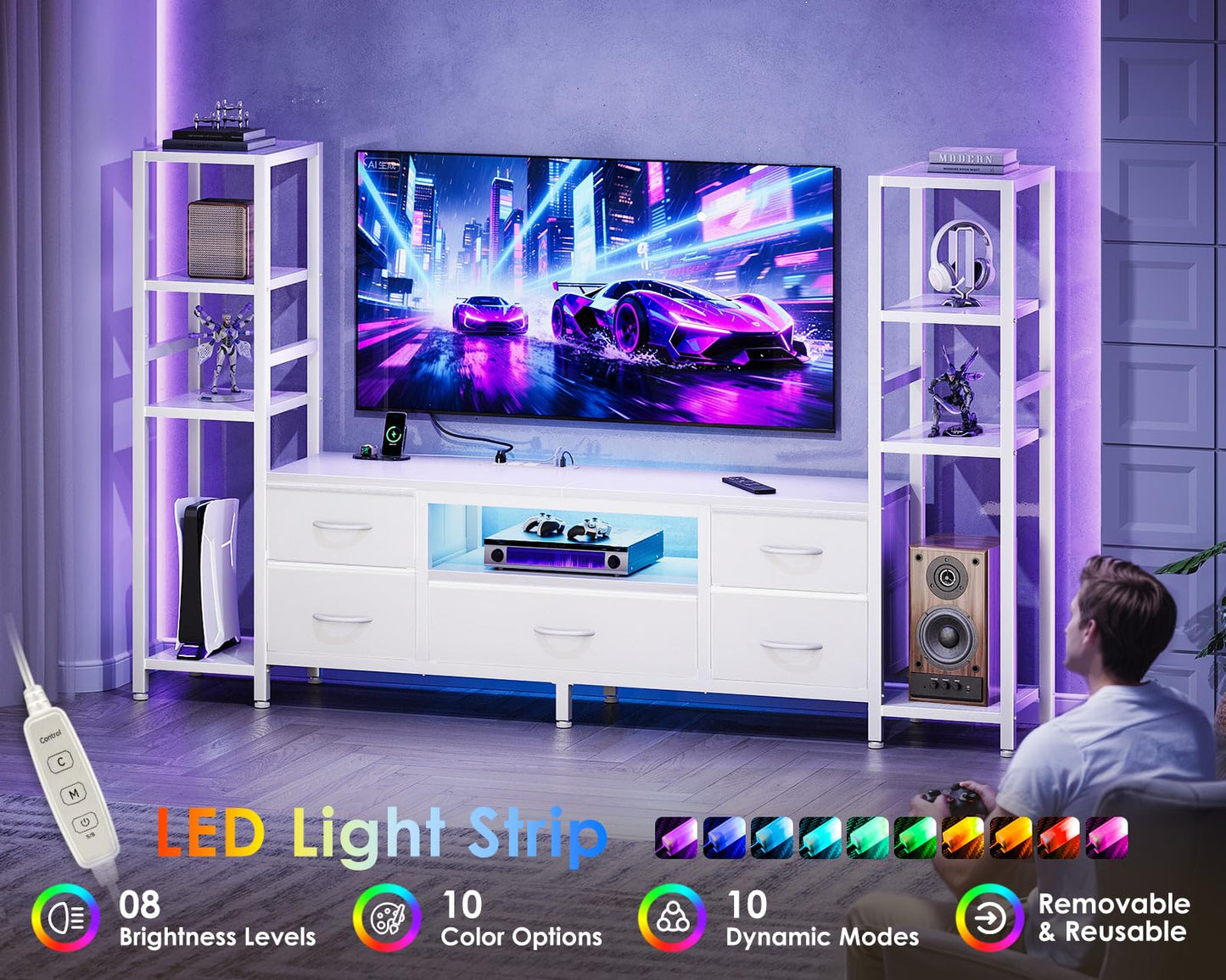 Black TV Stand with LED Lights & Power Outlets, 5 Drawer Entertainment Center for 40–50 Inch TVs