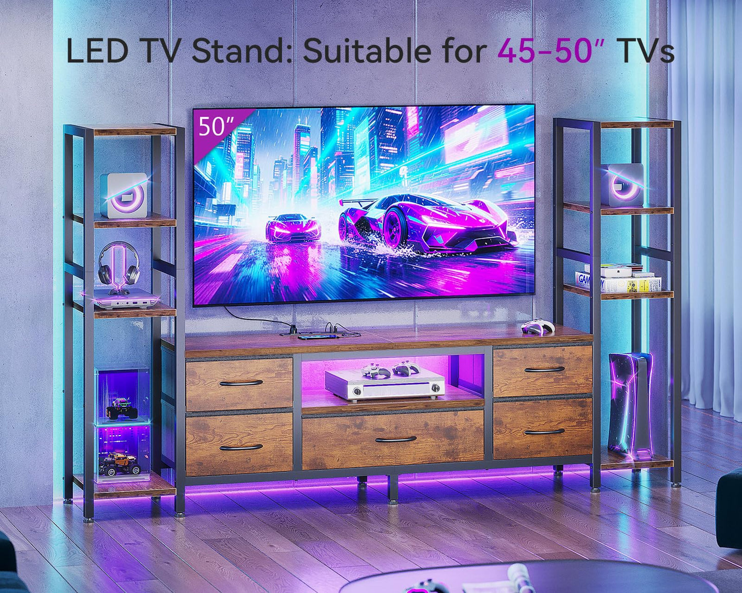 Black TV Stand with LED Lights & Power Outlets, 5 Drawer Entertainment Center for 40–50 Inch TVs