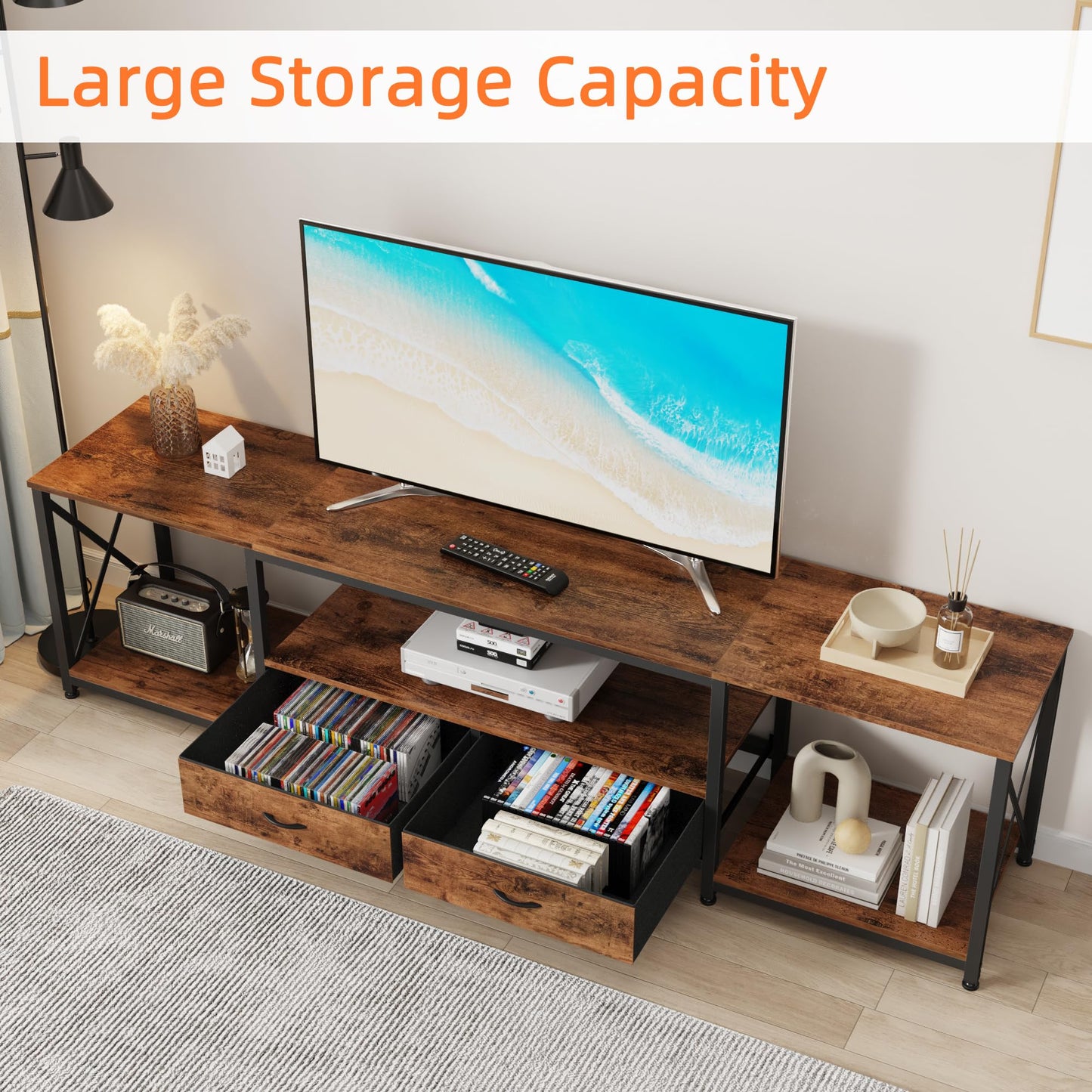 63" Rustic Brown TV Stand for 65–75 Inch TVs – Industrial Entertainment Center with Fabric Drawers