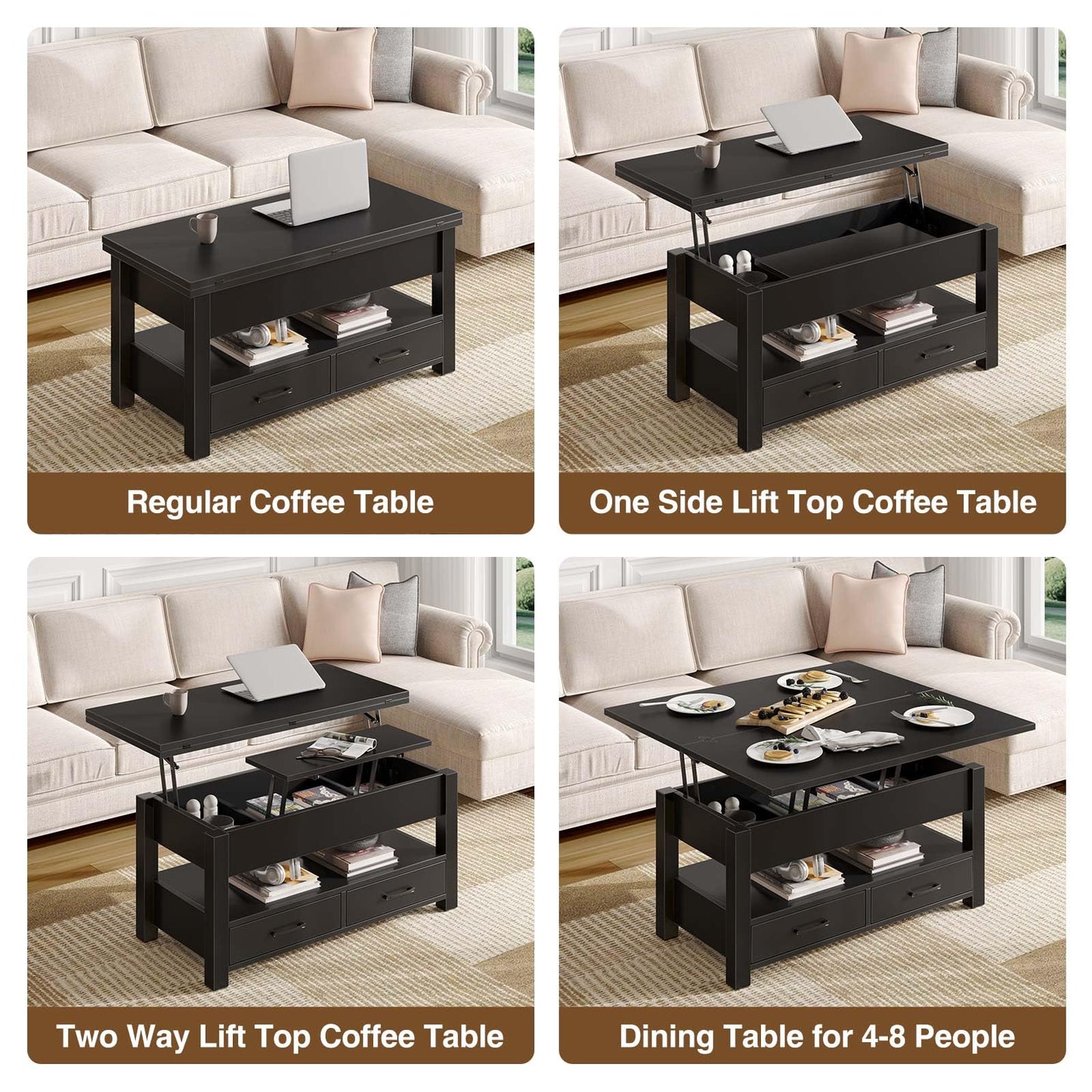 Lift Top Coffee Table – Convertible Espresso Table with Drawers & Hidden Storage,