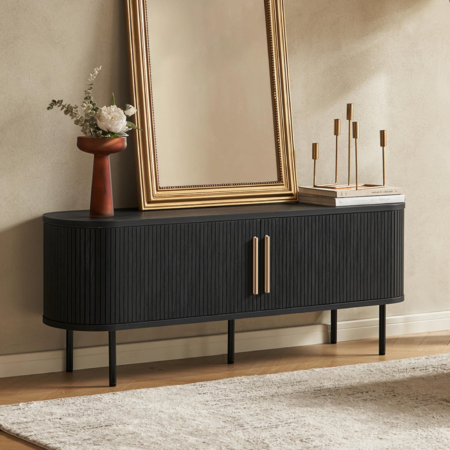 Mid-Century Modern TV Stand – 59" Walnut Entertainment Center for 55–65 Inch TVs,