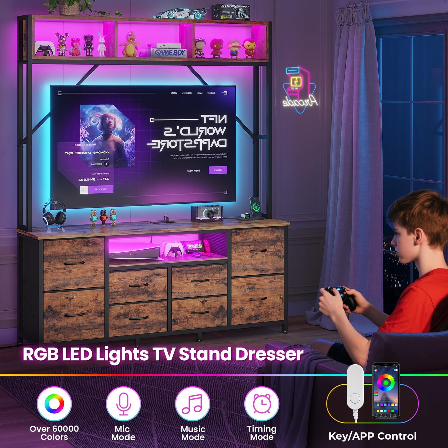 55" Rustic Brown TV Stand – LED Entertainment Center with Power Outlets, 6 PU Fabric Drawers