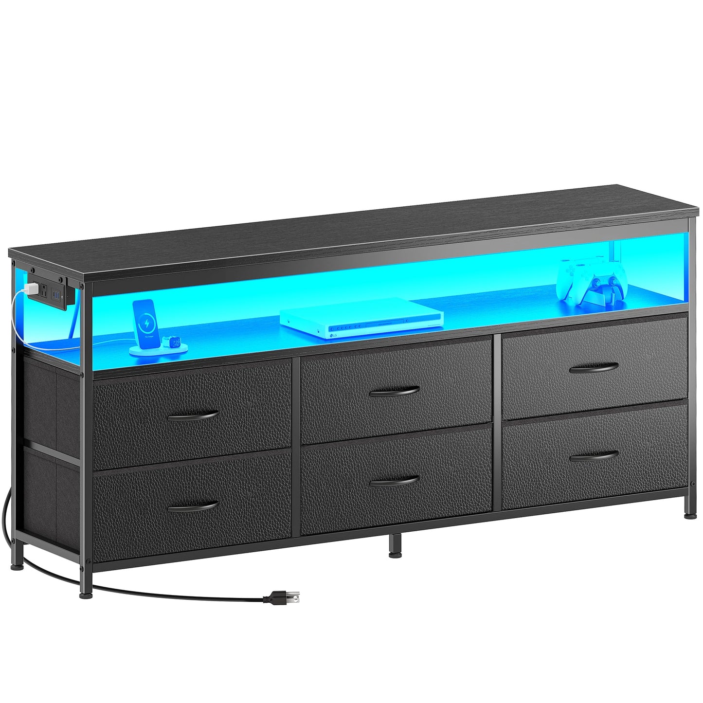 63" Black LED TV Stand with Power Outlets – Long Dresser Entertainment Center