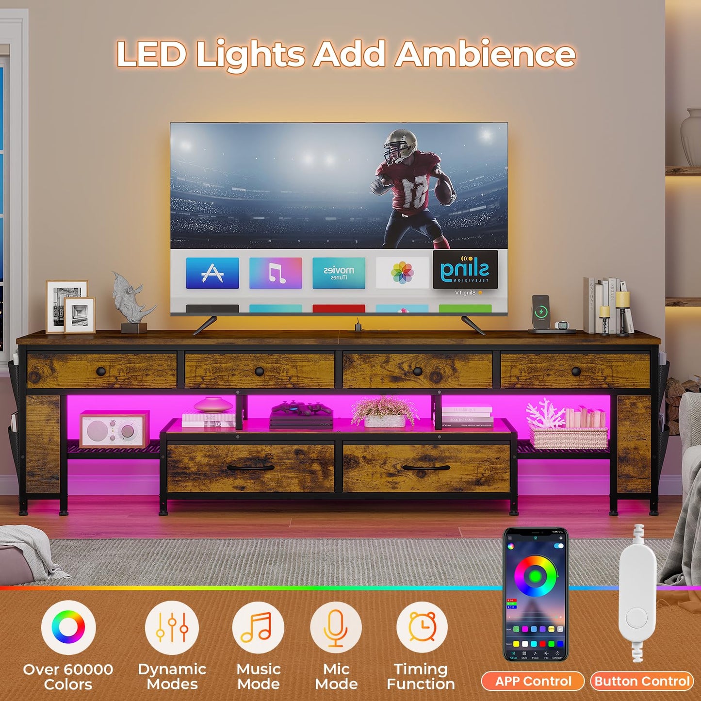 63" Rustic Brown LED TV Stand for 65–75 Inch TVs – Entertainment Center with Power Outlets,