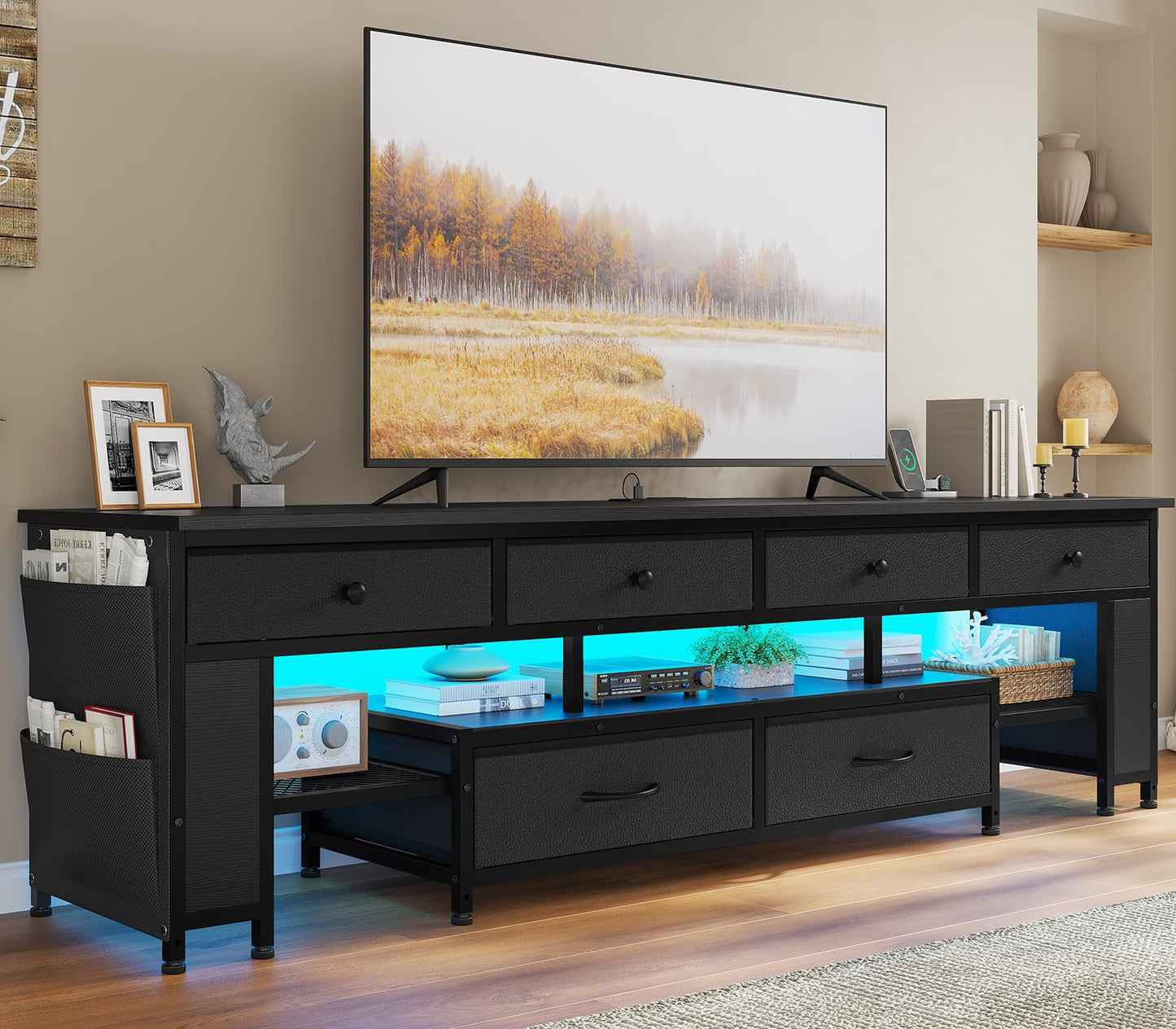 63" Rustic Brown LED TV Stand for 65–75 Inch TVs – Entertainment Center with Power Outlets,