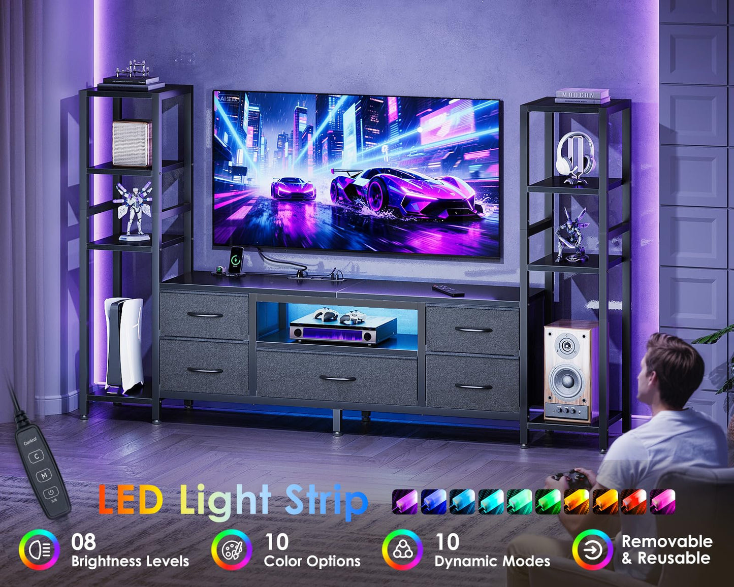 Black TV Stand with LED Lights & Power Outlets, 5 Drawer Entertainment Center for 40–50 Inch TVs