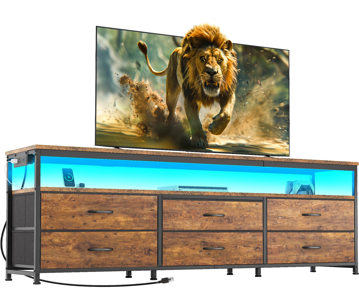 63" Black LED TV Stand with Power Outlets – Long Dresser Entertainment Center