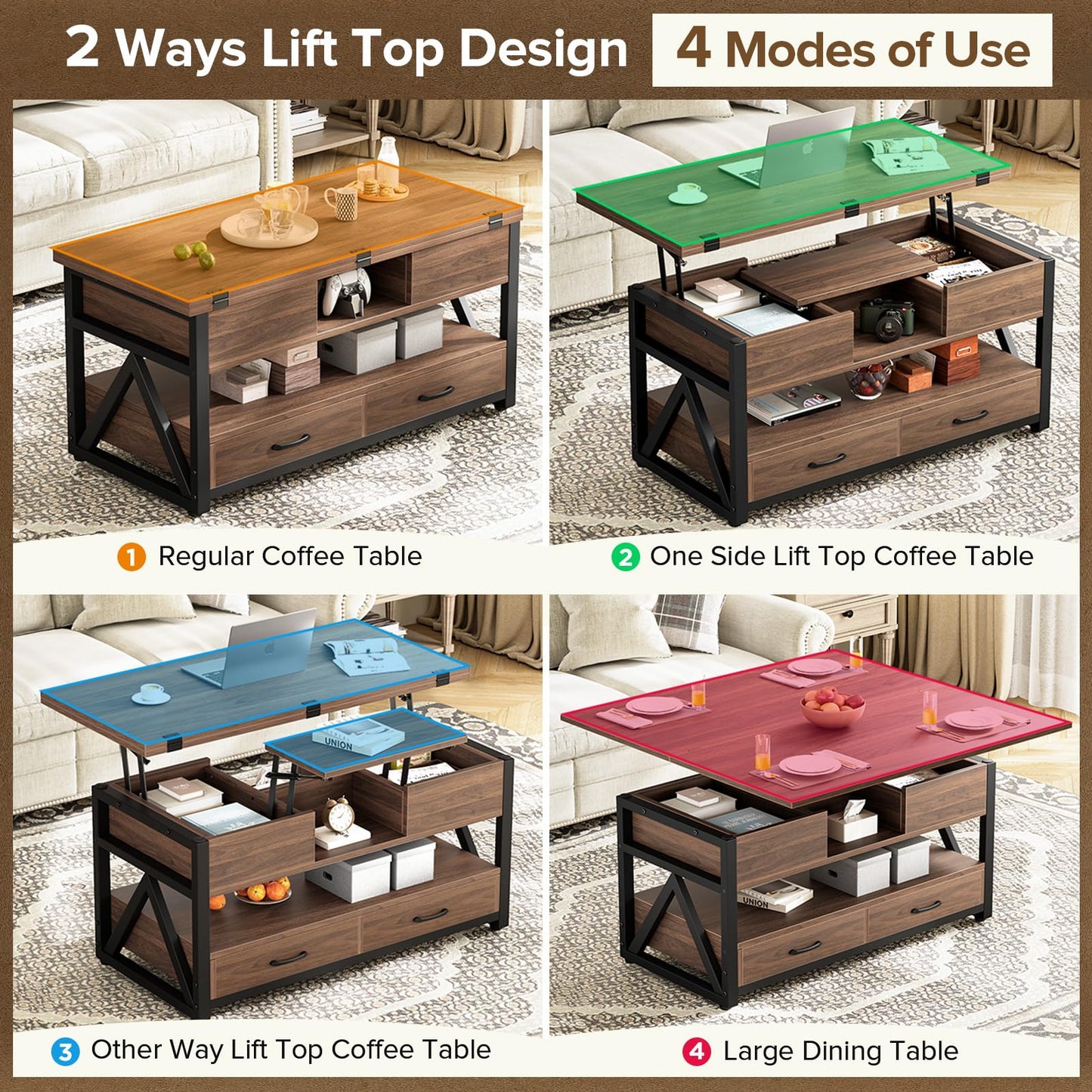 40" Lift Top Coffee Table,4 in 1 Multi-Function Lift Coffee Tables with Storage Drawers