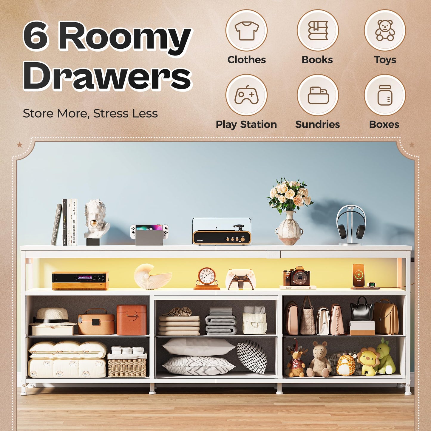 63" Black LED TV Stand with Power Outlets – Long Dresser Entertainment Center