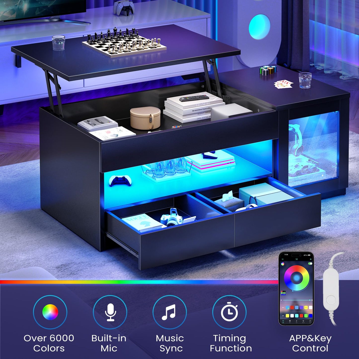 39.4" Lift Top Coffee Table with 2 Drawers, Modern LED Coffee Tables for Living Room