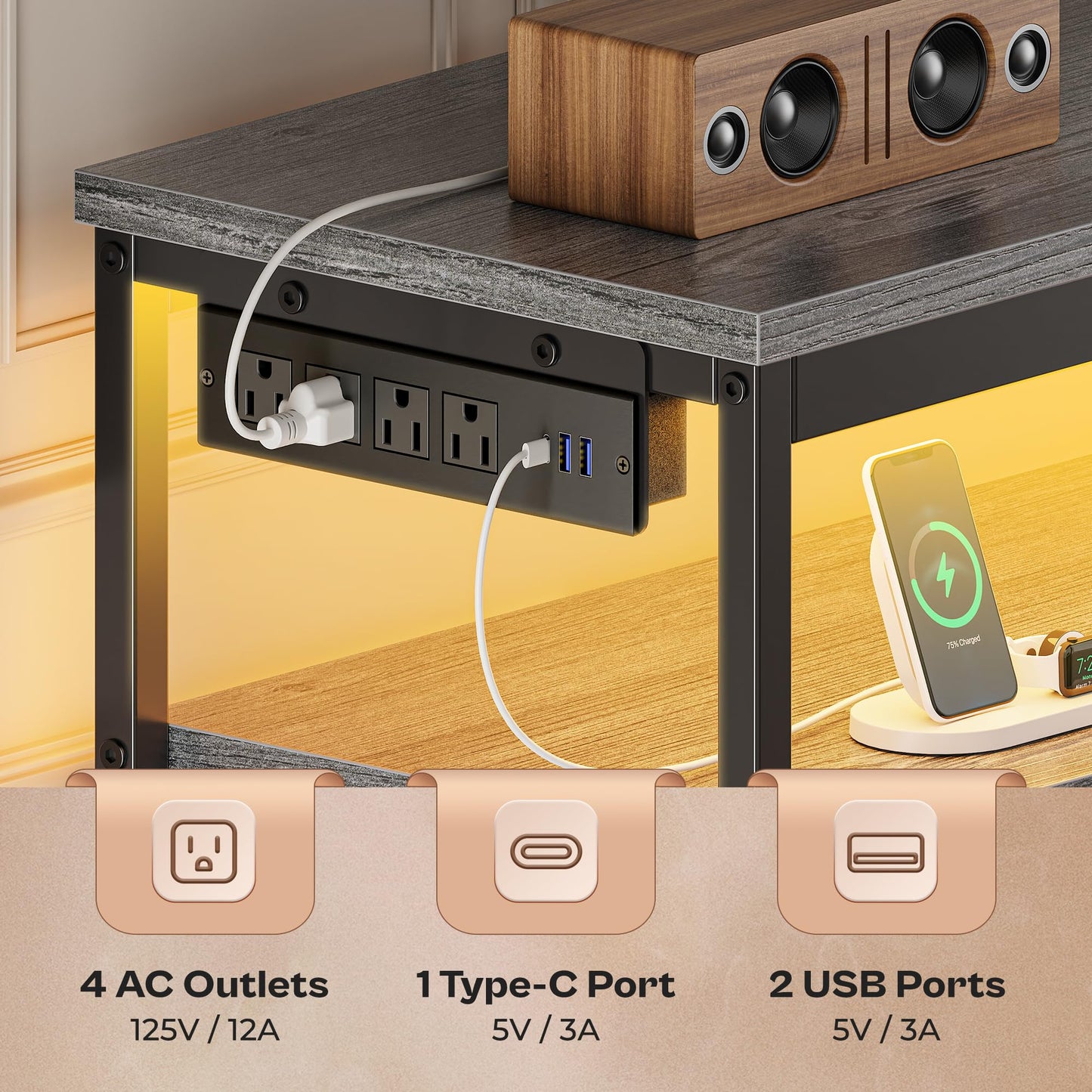 63" Black LED TV Stand with Power Outlets – Long Dresser Entertainment Center