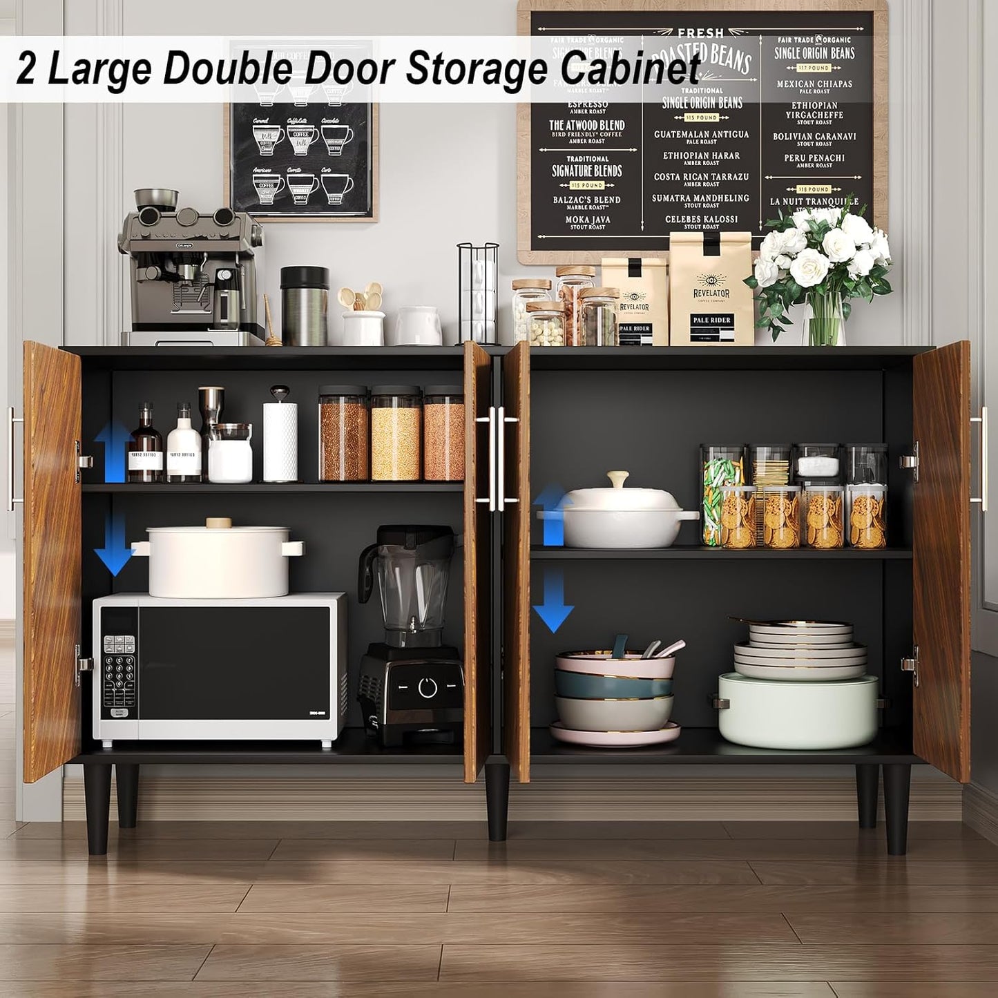 58" Coffee Bar Cabinet with Storage, Buffet Cabinet with 4 Large Doors, Storage Cabine