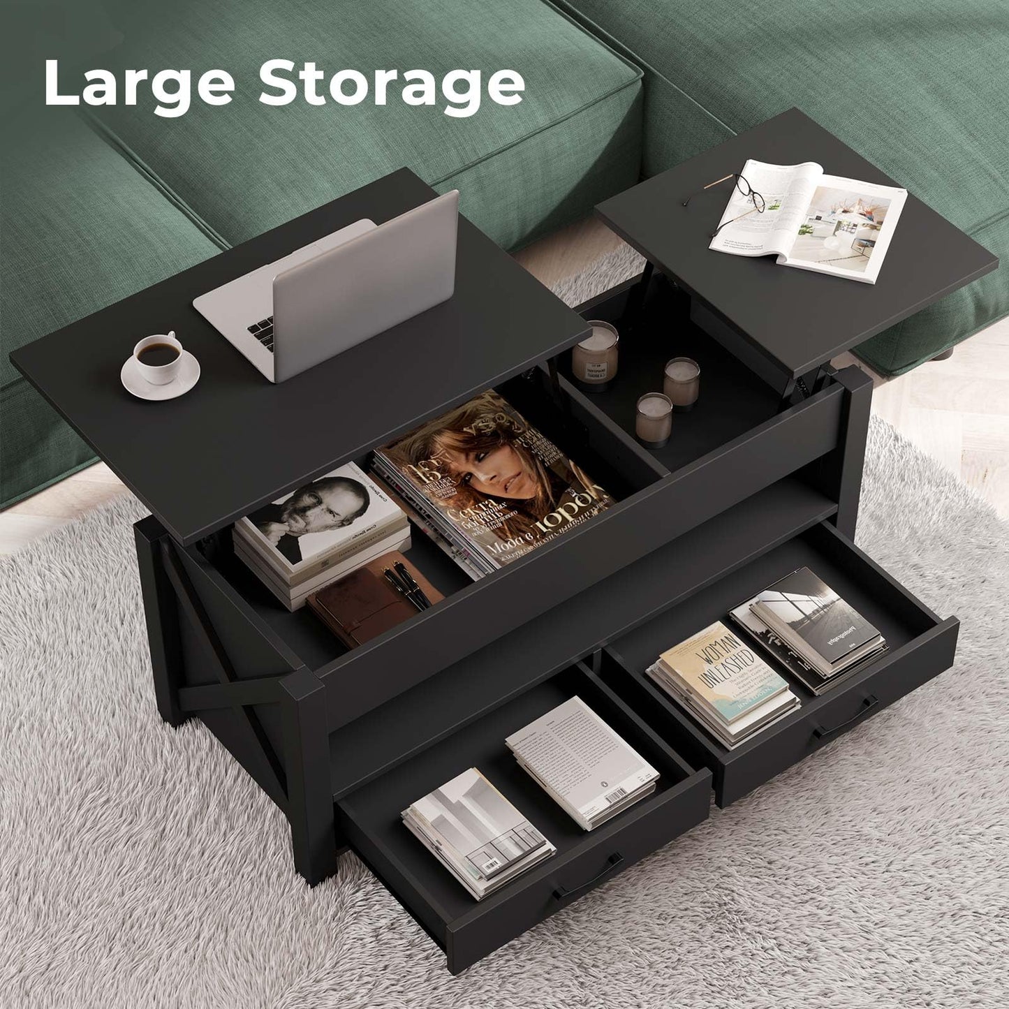47.2" Black Lift Top Coffee Table – Farmhouse X-Frame Center Table with Hidden Storage & 2 Drawers