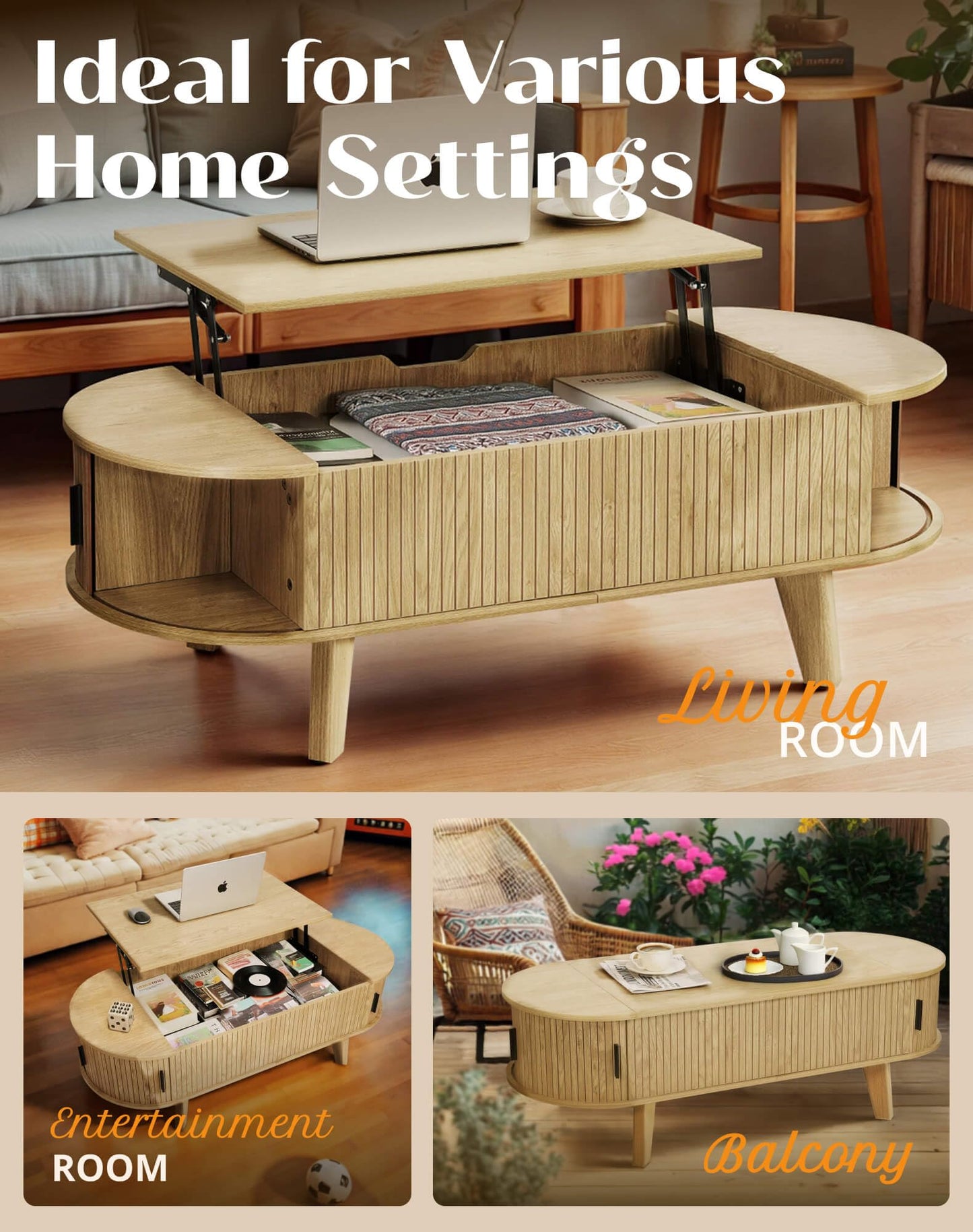 Oval Lift Top Coffee Table with Storage, 47.2" Mid Century Modern Living Room Center Table