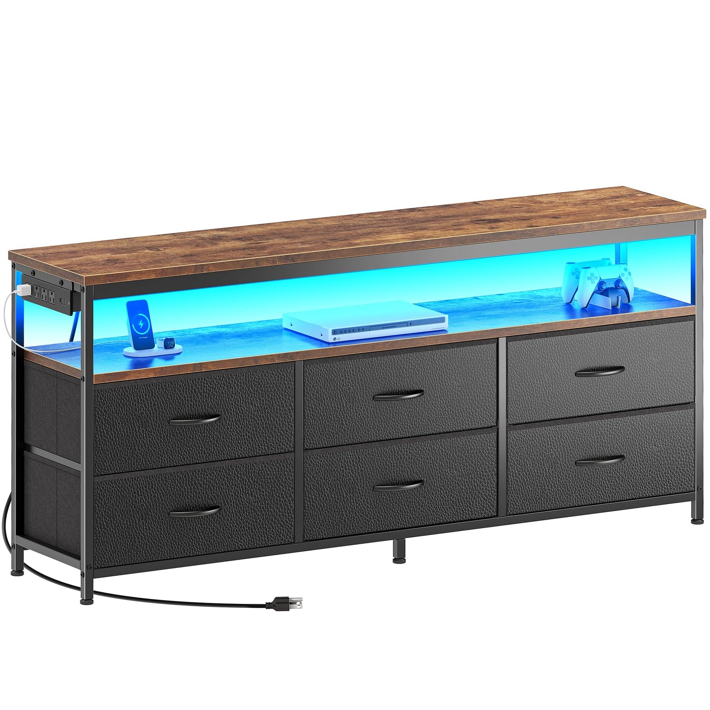 63" Black LED TV Stand with Power Outlets – Long Dresser Entertainment Center