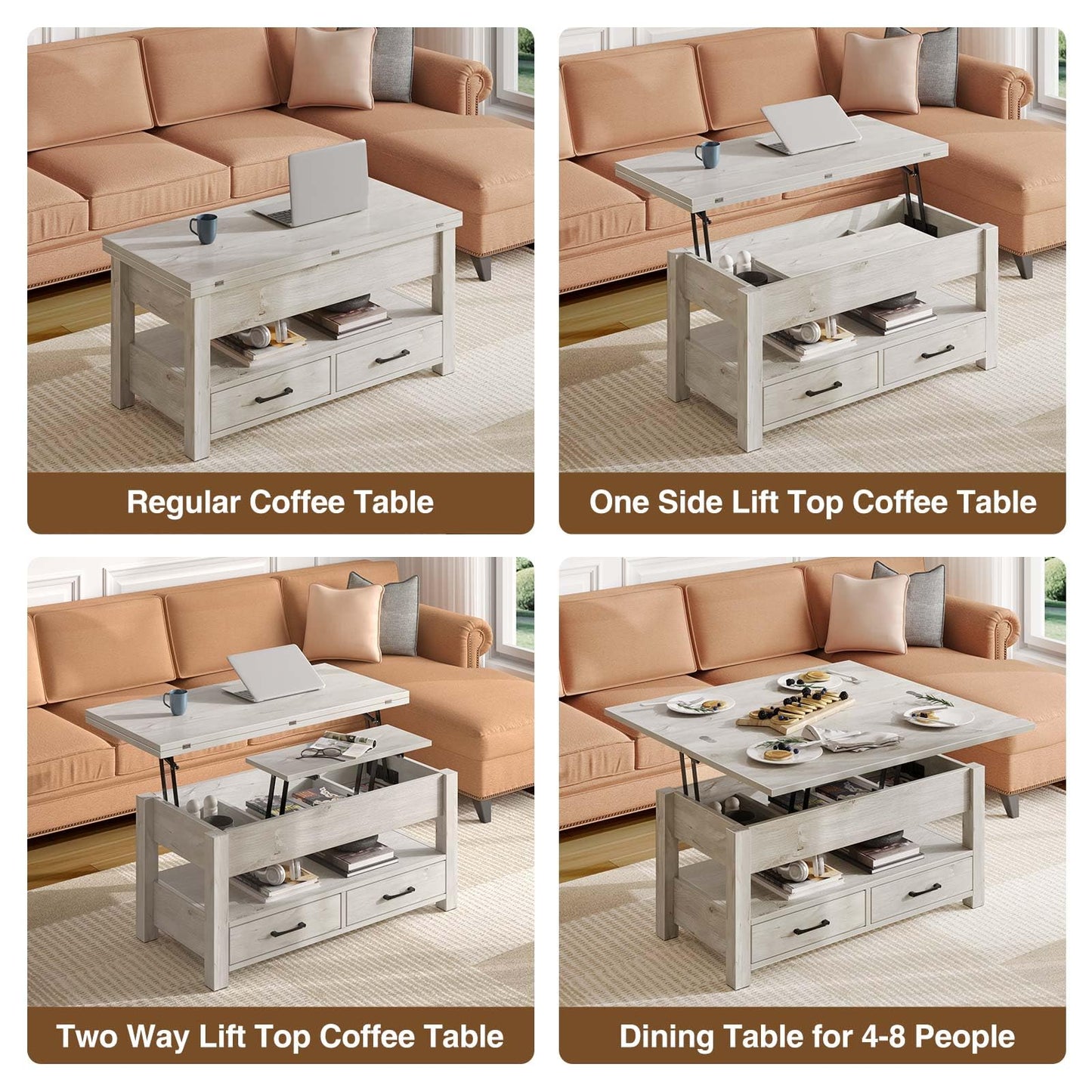 Lift Top Coffee Table – Convertible Espresso Table with Drawers & Hidden Storage,