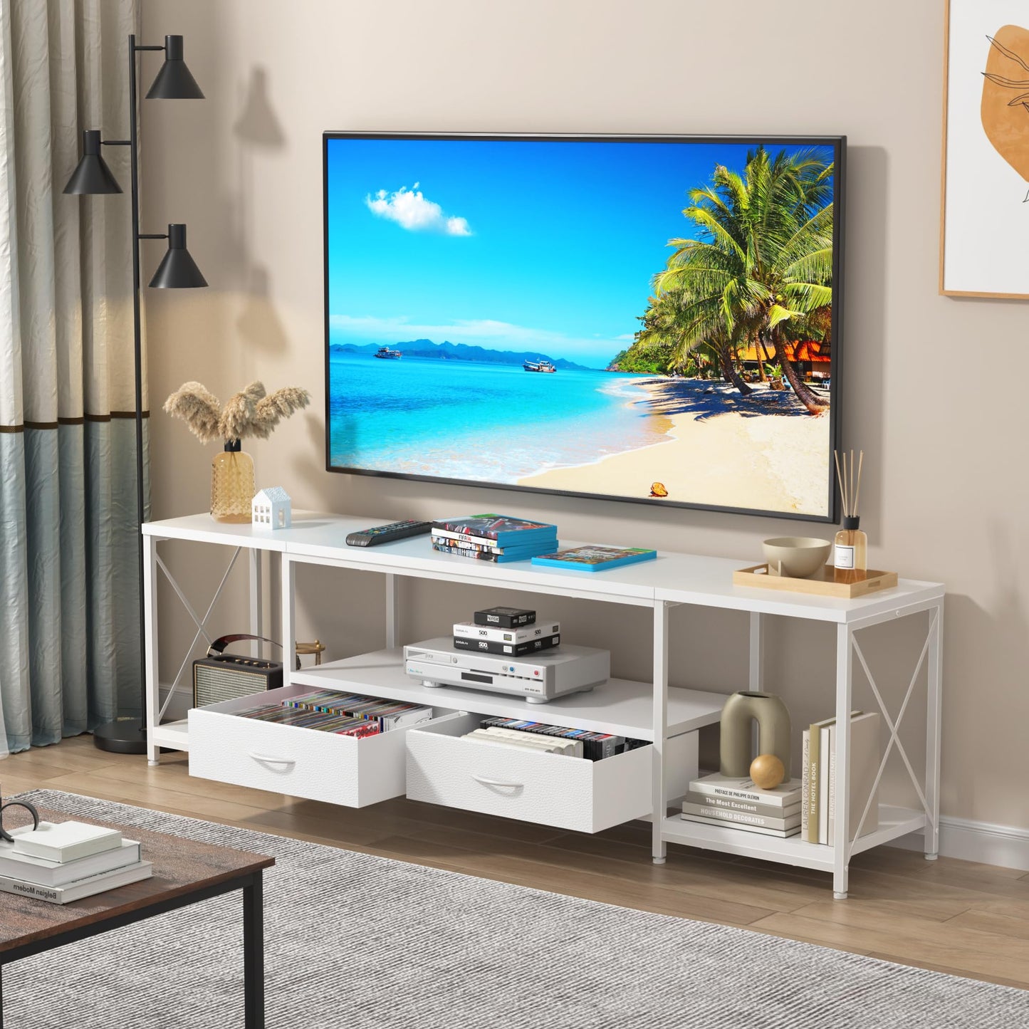 63" Rustic Brown TV Stand for 65–75 Inch TVs – Industrial Entertainment Center with Fabric Drawers