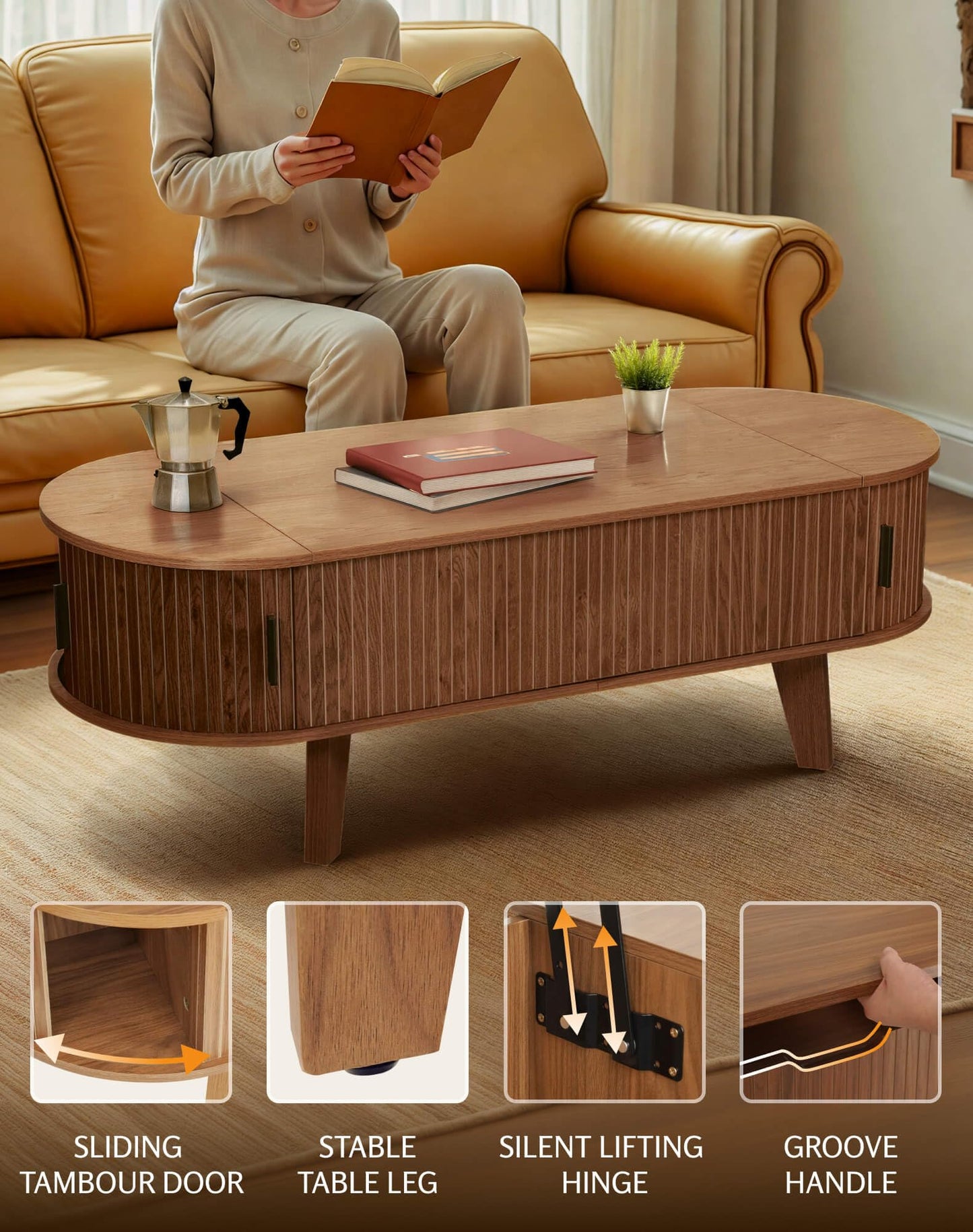 Oval Lift Top Coffee Table with Storage, 47.2" Mid Century Modern Living Room Center Table