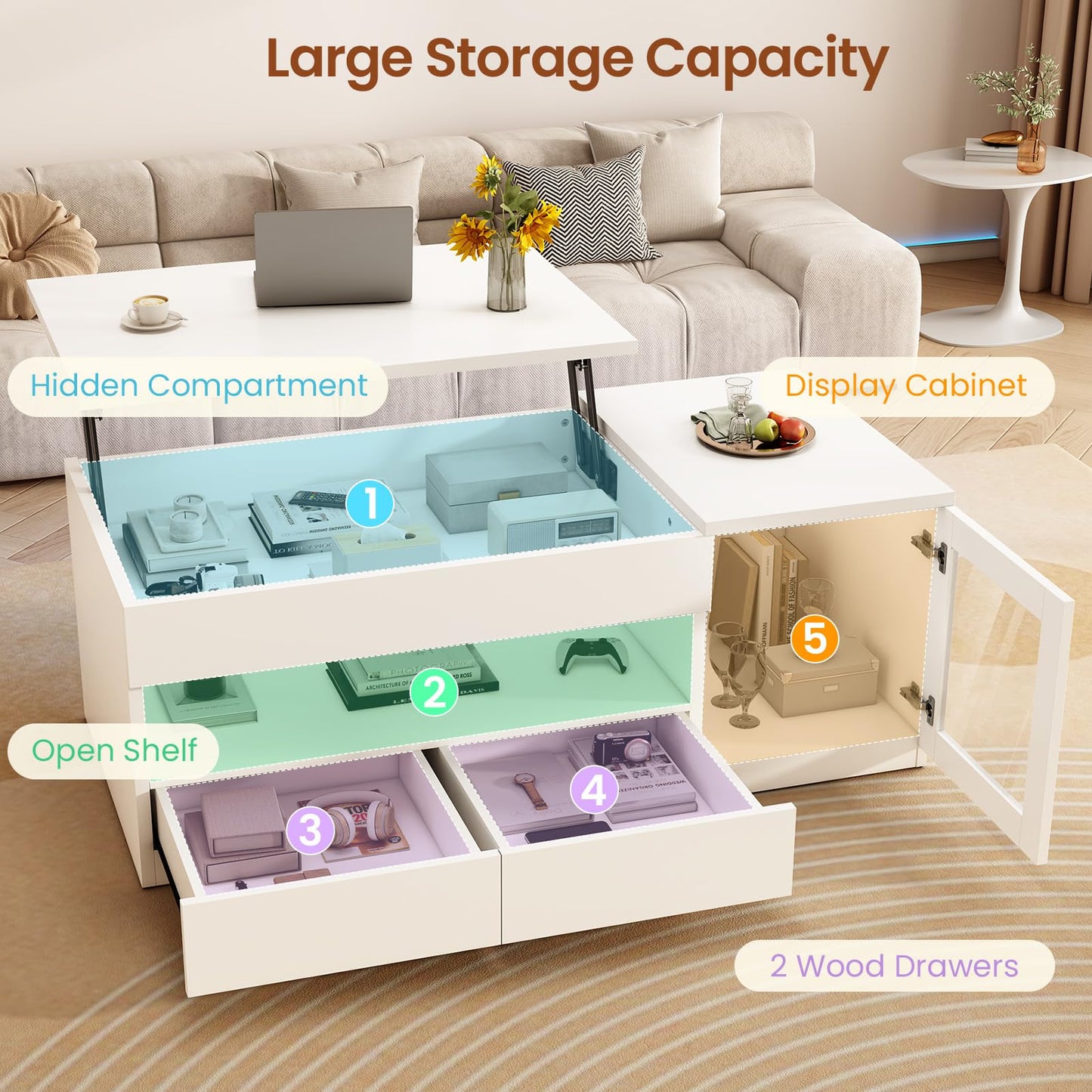 39.4" Lift Top Coffee Table with 2 Drawers, Modern LED Coffee Tables for Living Room