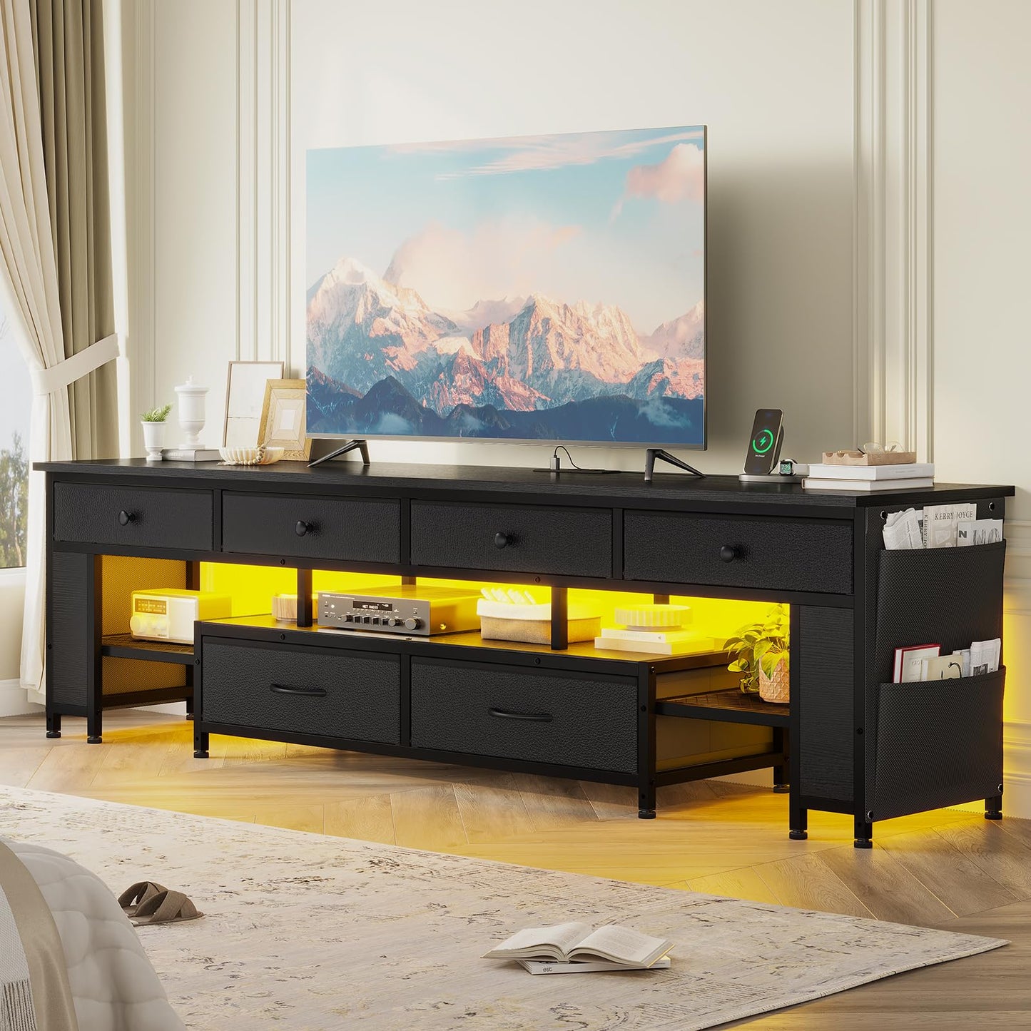 63" Rustic Brown LED TV Stand for 65–75 Inch TVs – Entertainment Center with Power Outlets,