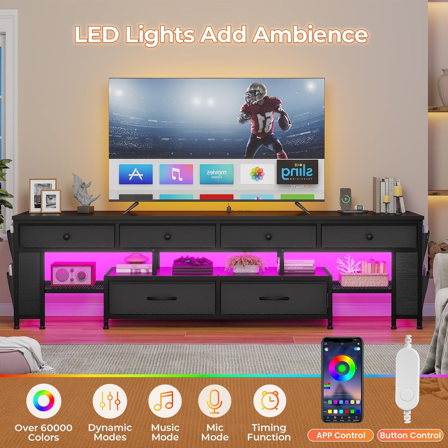 63" Rustic Brown LED TV Stand for 65–75 Inch TVs – Entertainment Center with Power Outlets,