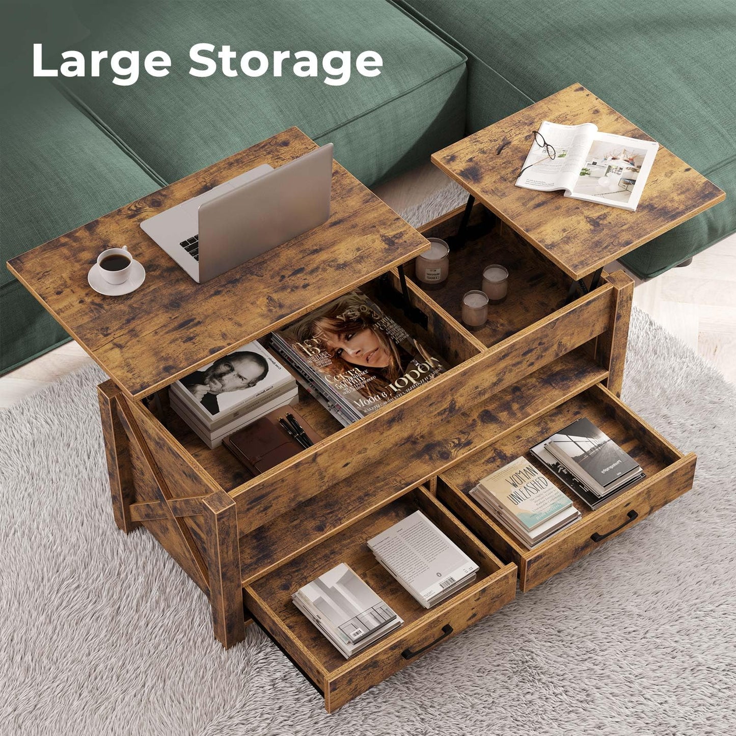 47.2" Black Lift Top Coffee Table – Farmhouse X-Frame Center Table with Hidden Storage & 2 Drawers