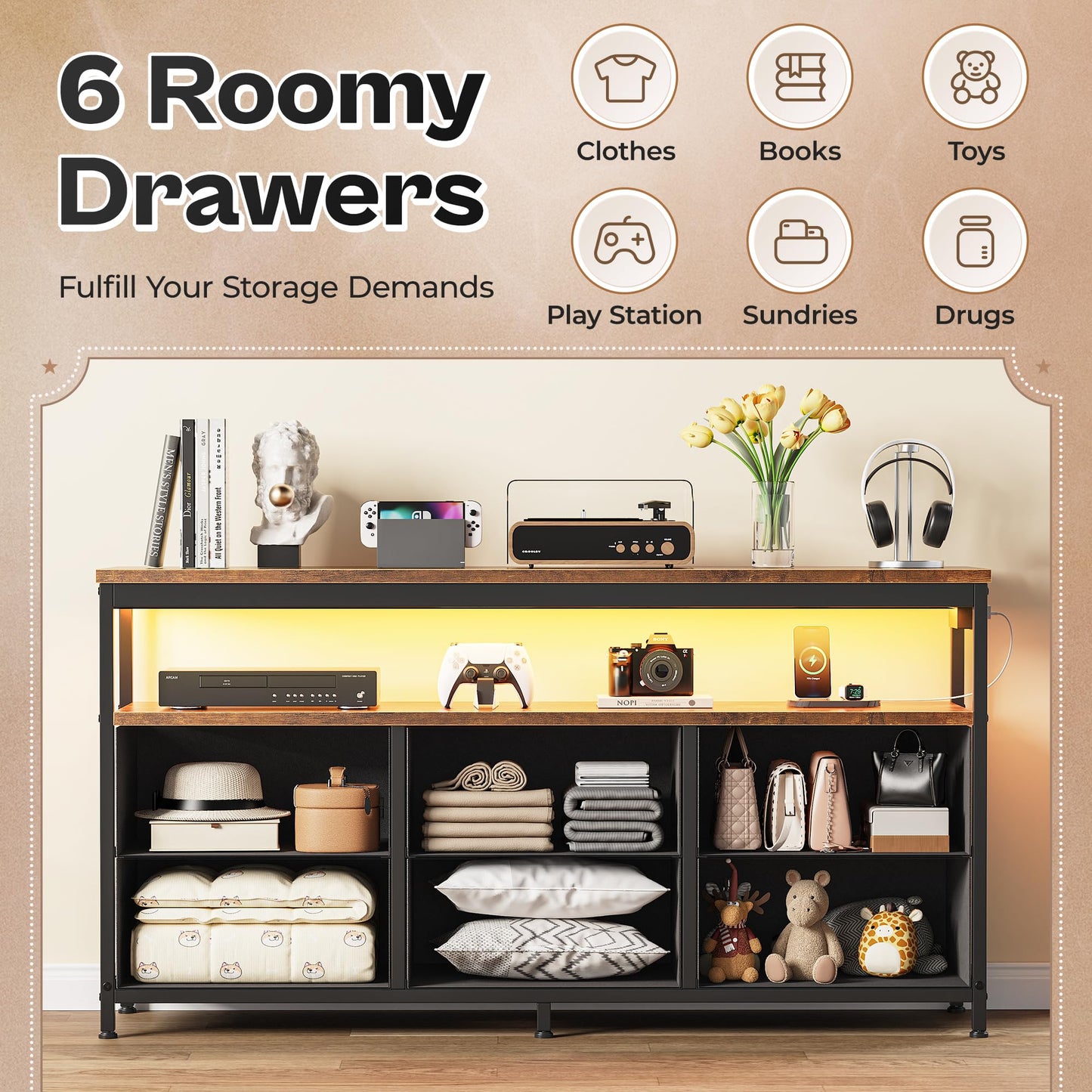 63" Black LED TV Stand with Power Outlets – Long Dresser Entertainment Center