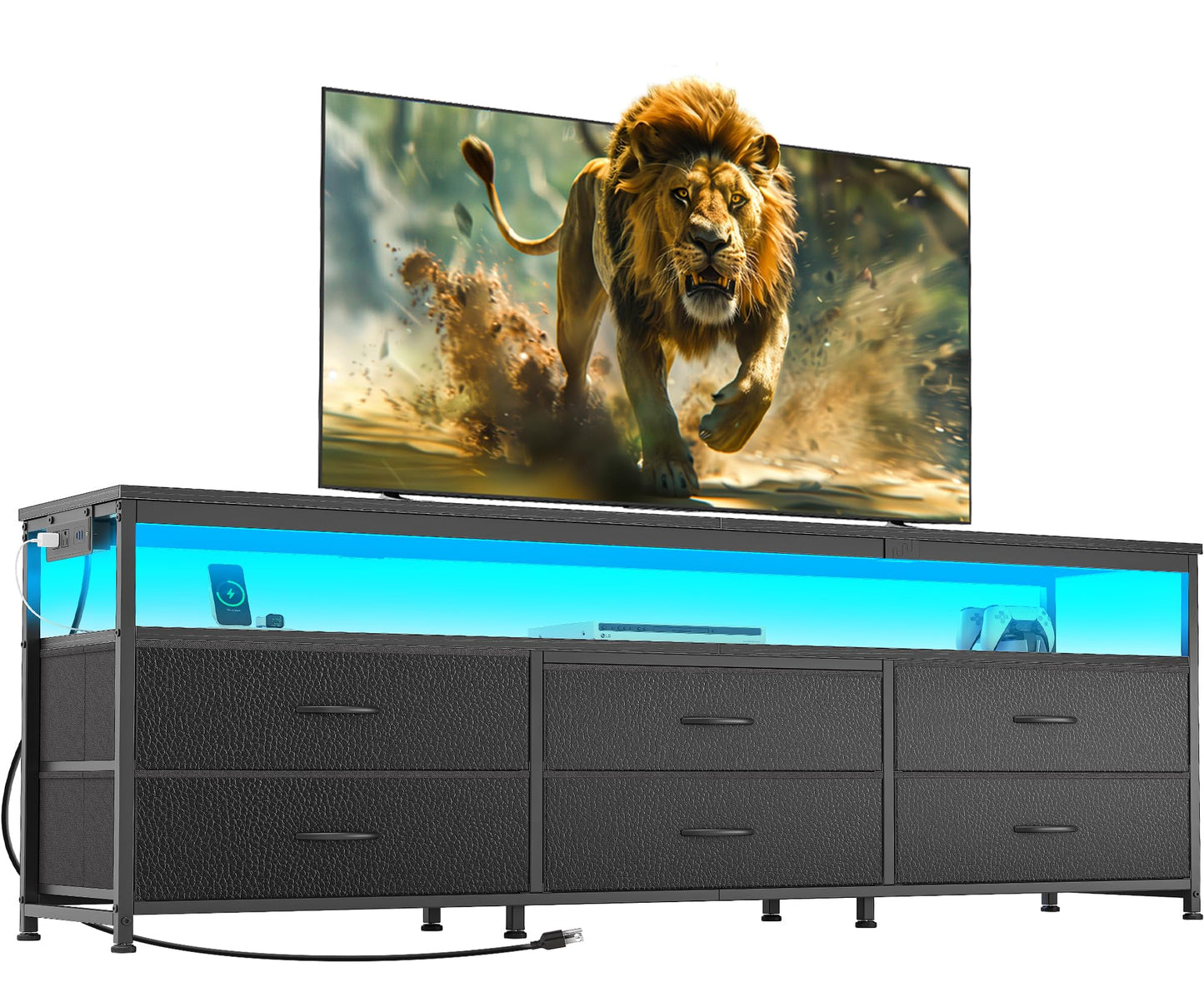 63" Black LED TV Stand with Power Outlets – Long Dresser Entertainment Center