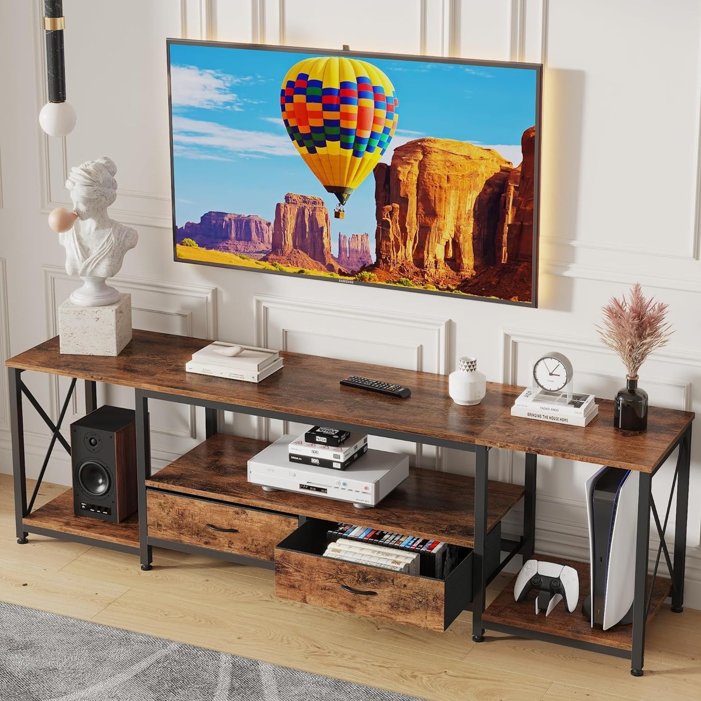 63" Rustic Brown TV Stand for 65–75 Inch TVs – Industrial Entertainment Center with Fabric Drawers
