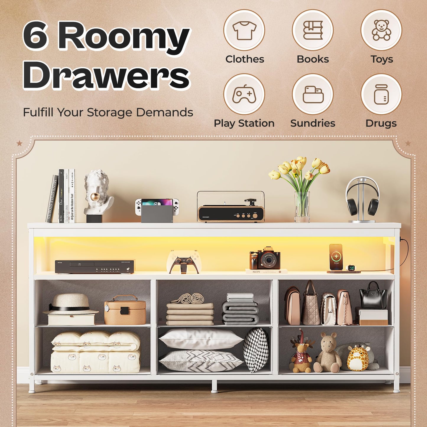 63" Black LED TV Stand with Power Outlets – Long Dresser Entertainment Center