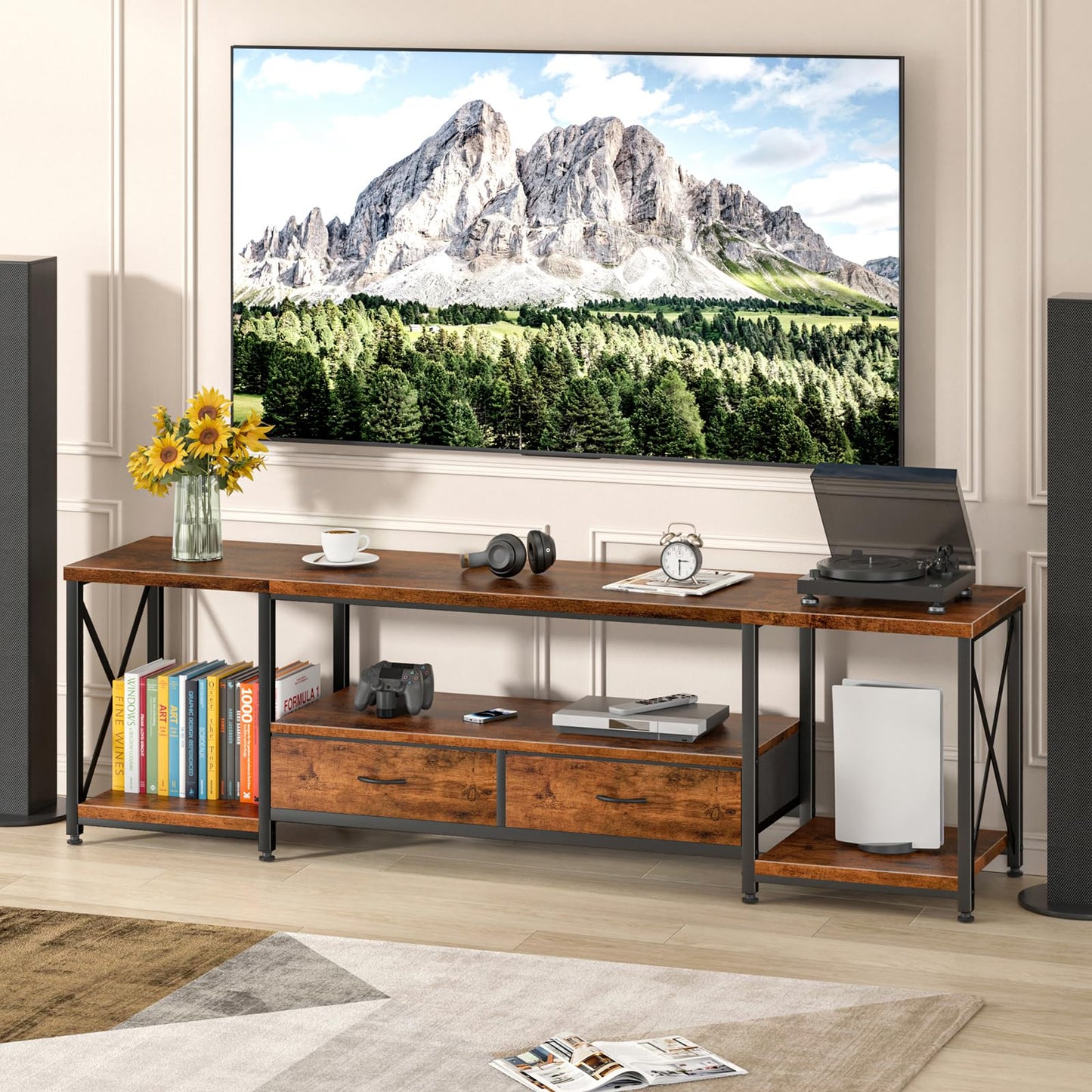 63" Rustic Brown TV Stand for 65–75 Inch TVs – Industrial Entertainment Center with Fabric Drawers