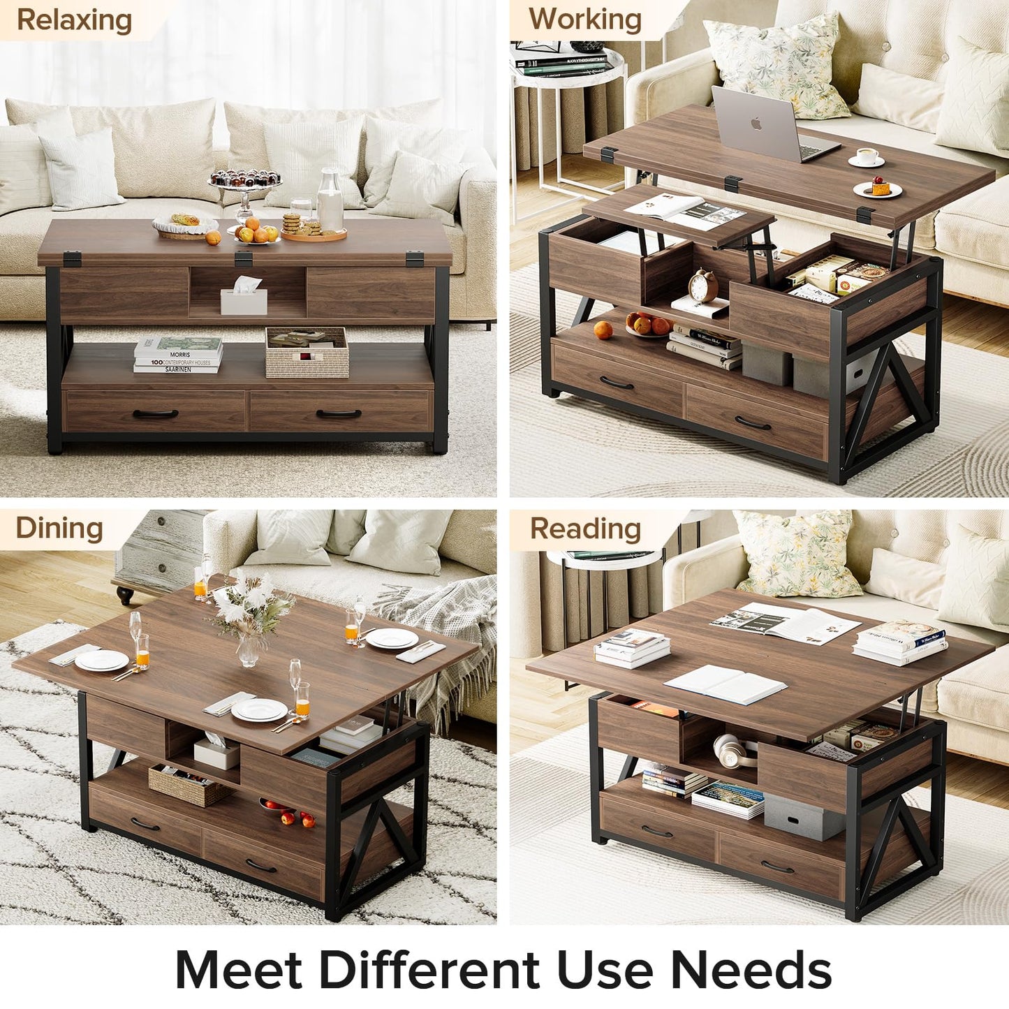 40" Lift Top Coffee Table,4 in 1 Multi-Function Lift Coffee Tables with Storage Drawers