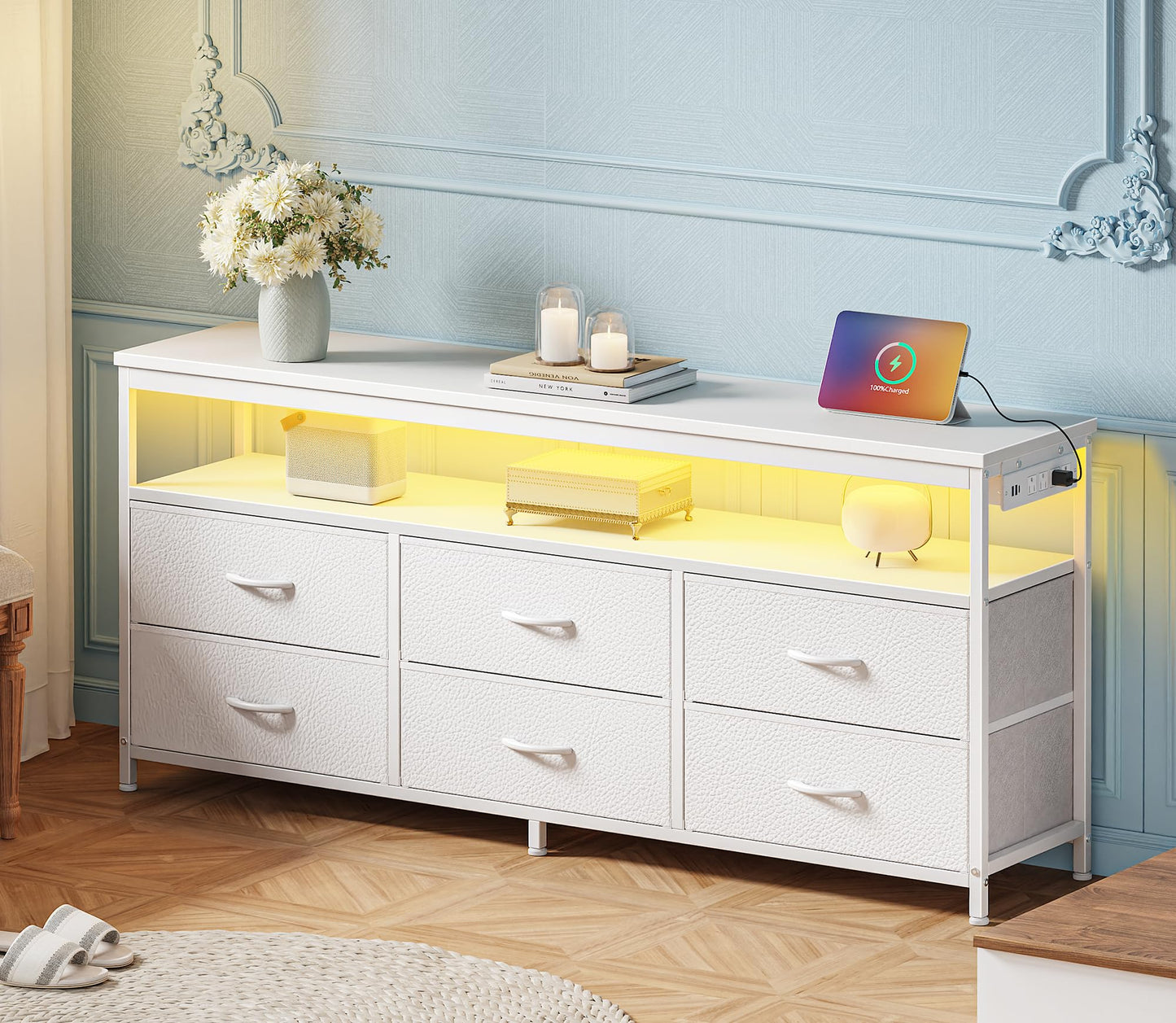 63" Black LED TV Stand with Power Outlets – Long Dresser Entertainment Center