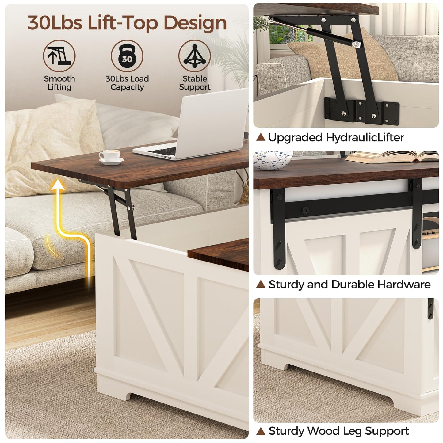 31.5" Lift Top Farmhouse Coffee Table – Square Center Table with Hidden Storage,