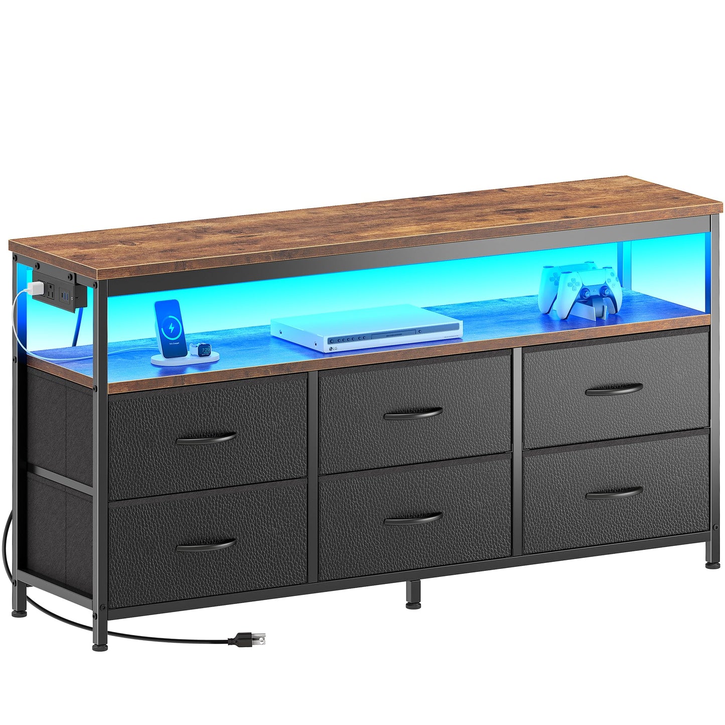 63" Black LED TV Stand with Power Outlets – Long Dresser Entertainment Center