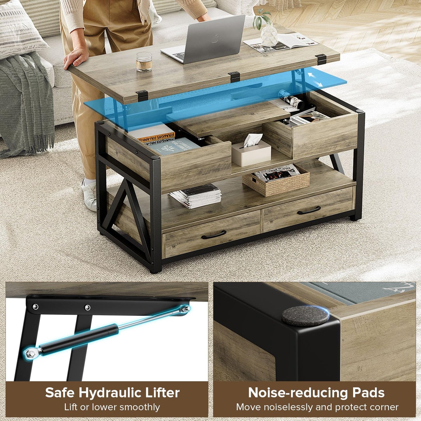 40" Lift Top Coffee Table,4 in 1 Multi-Function Lift Coffee Tables with Storage Drawers
