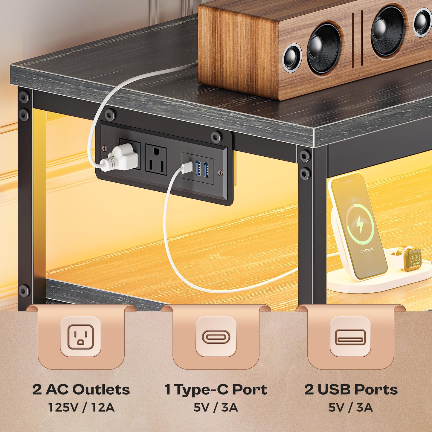 63" Black LED TV Stand with Power Outlets – Long Dresser Entertainment Center