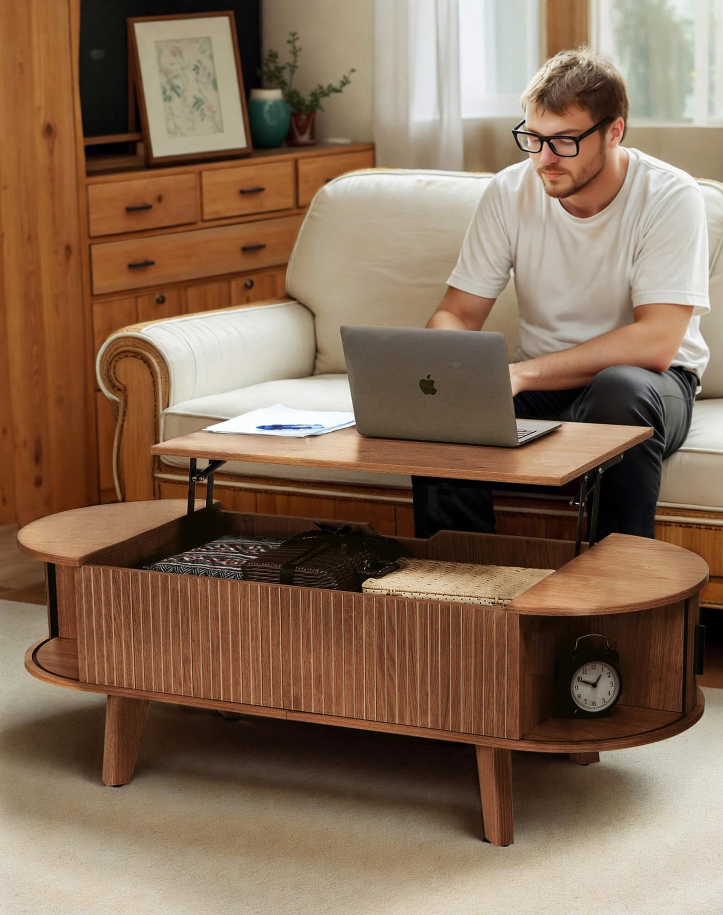 Oval Lift Top Coffee Table with Storage, 47.2" Mid Century Modern Living Room Center Table
