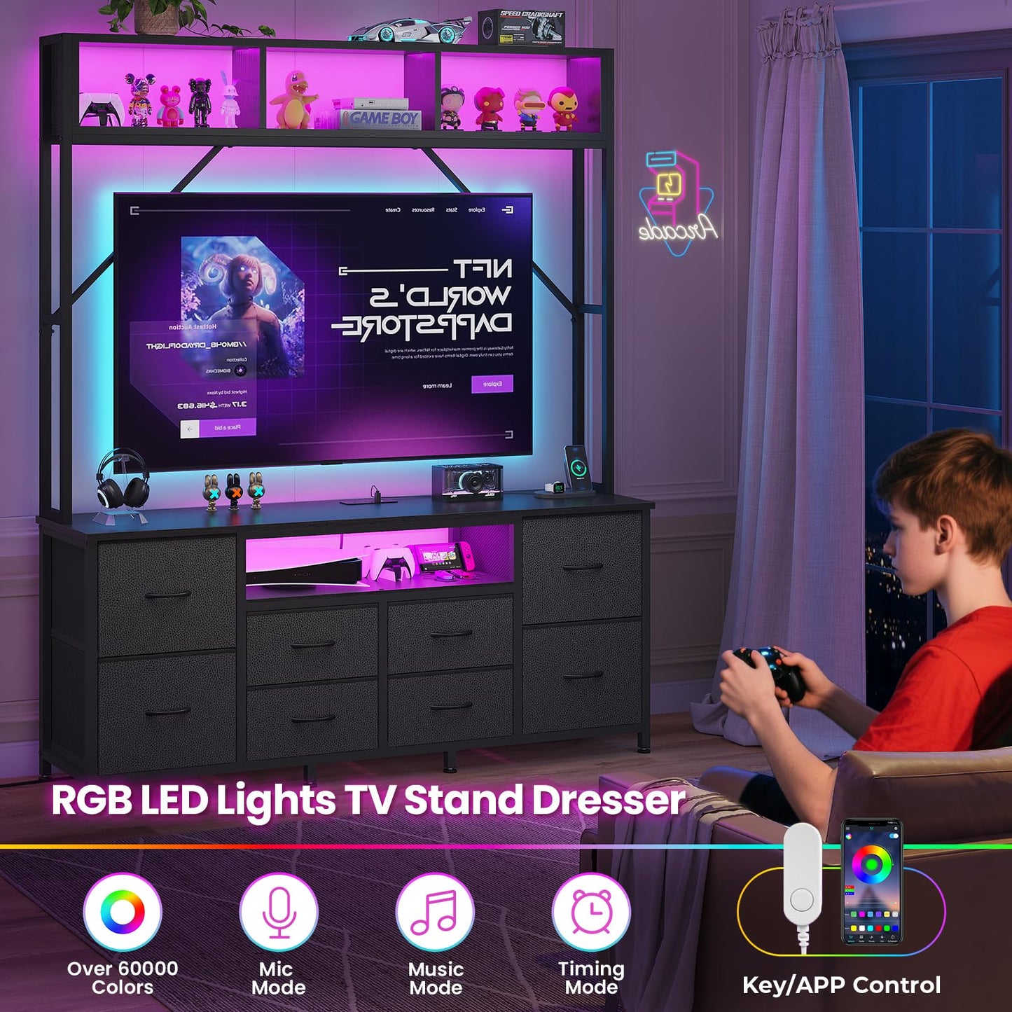 55" Rustic Brown TV Stand – LED Entertainment Center with Power Outlets, 6 PU Fabric Drawers