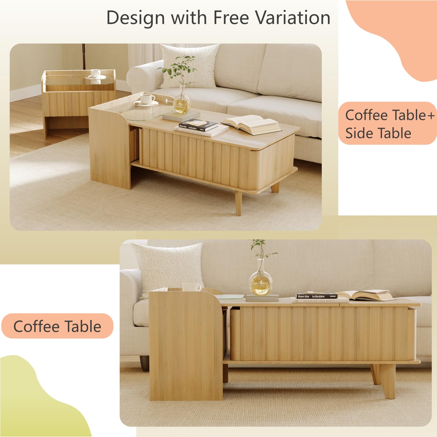 Extendable Coffee Table with Side Table,Reversible Living Room Table with Lifting