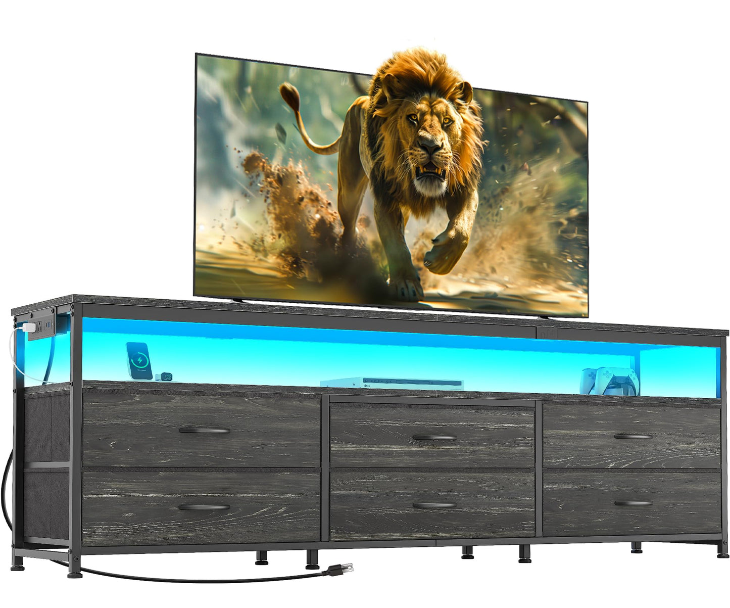 63" Black LED TV Stand with Power Outlets – Long Dresser Entertainment Center