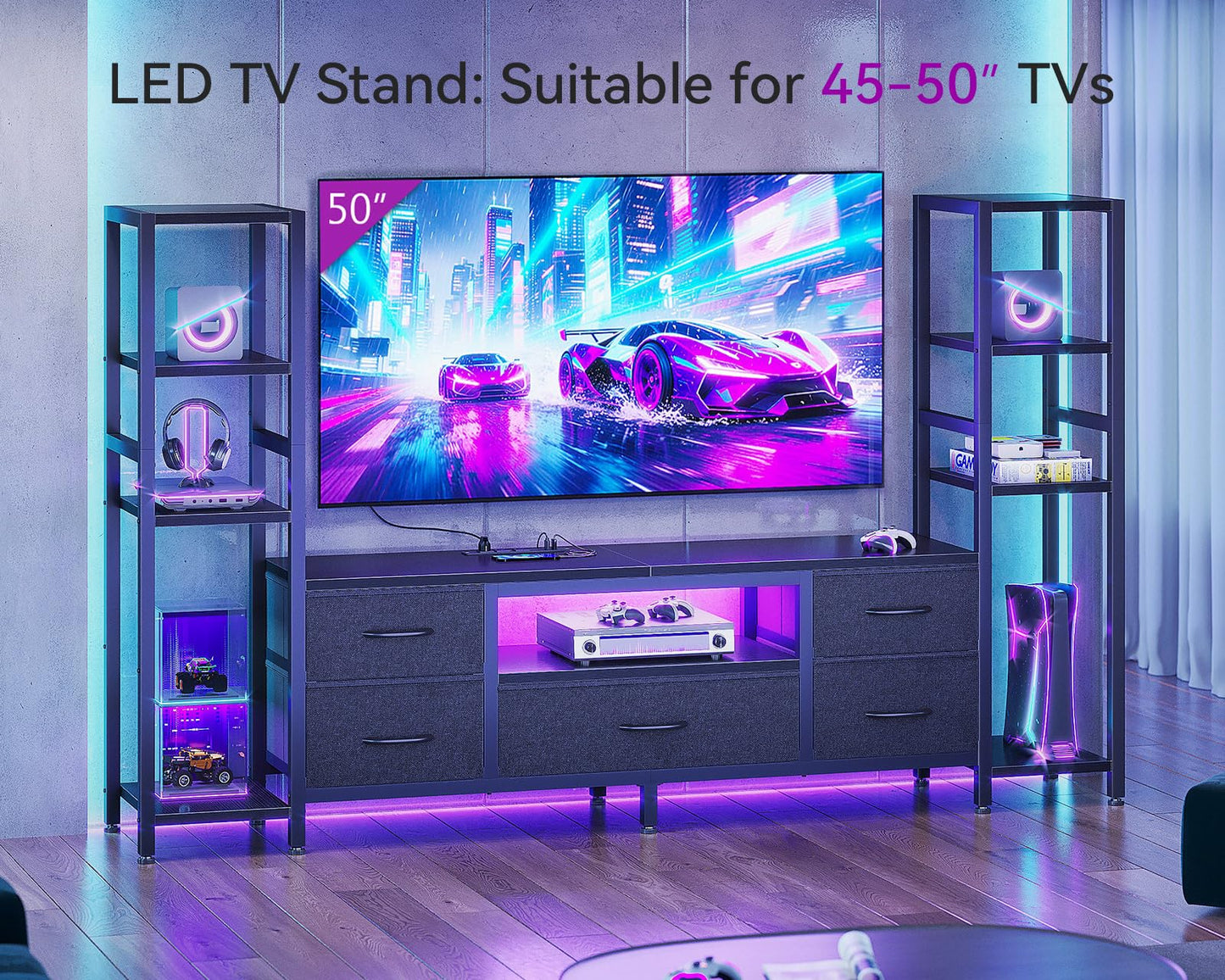 Black TV Stand with LED Lights & Power Outlets, 5 Drawer Entertainment Center for 40–50 Inch TVs