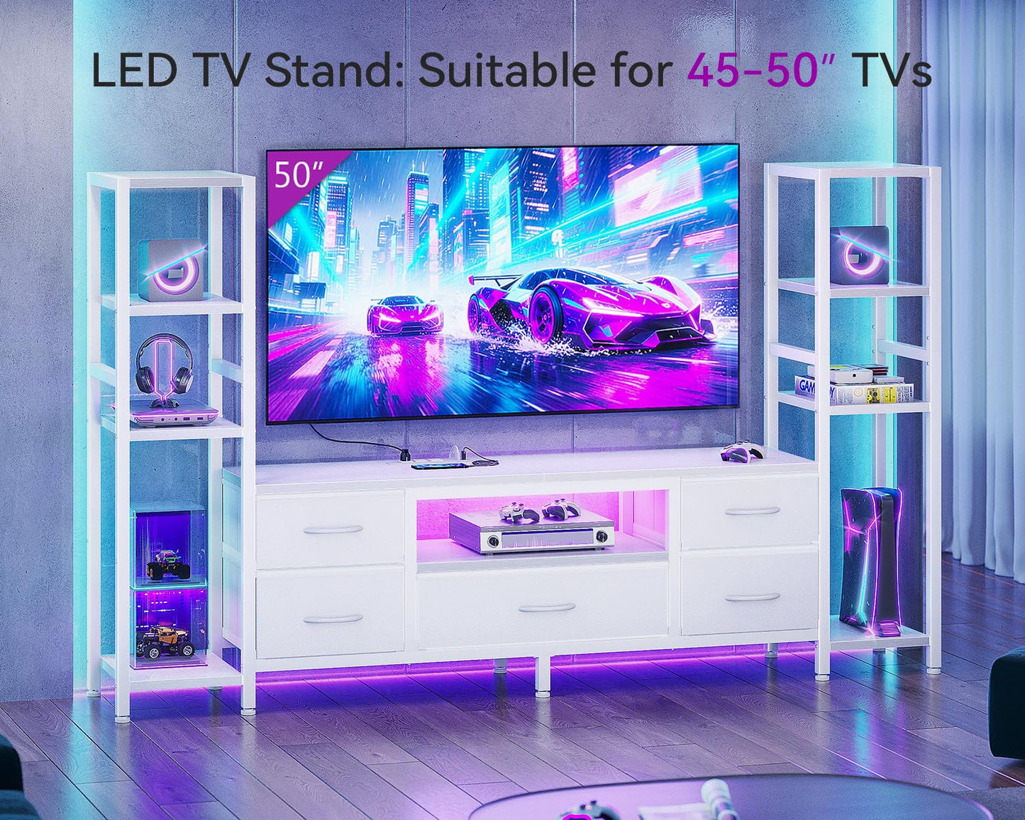 Black TV Stand with LED Lights & Power Outlets, 5 Drawer Entertainment Center for 40–50 Inch TVs