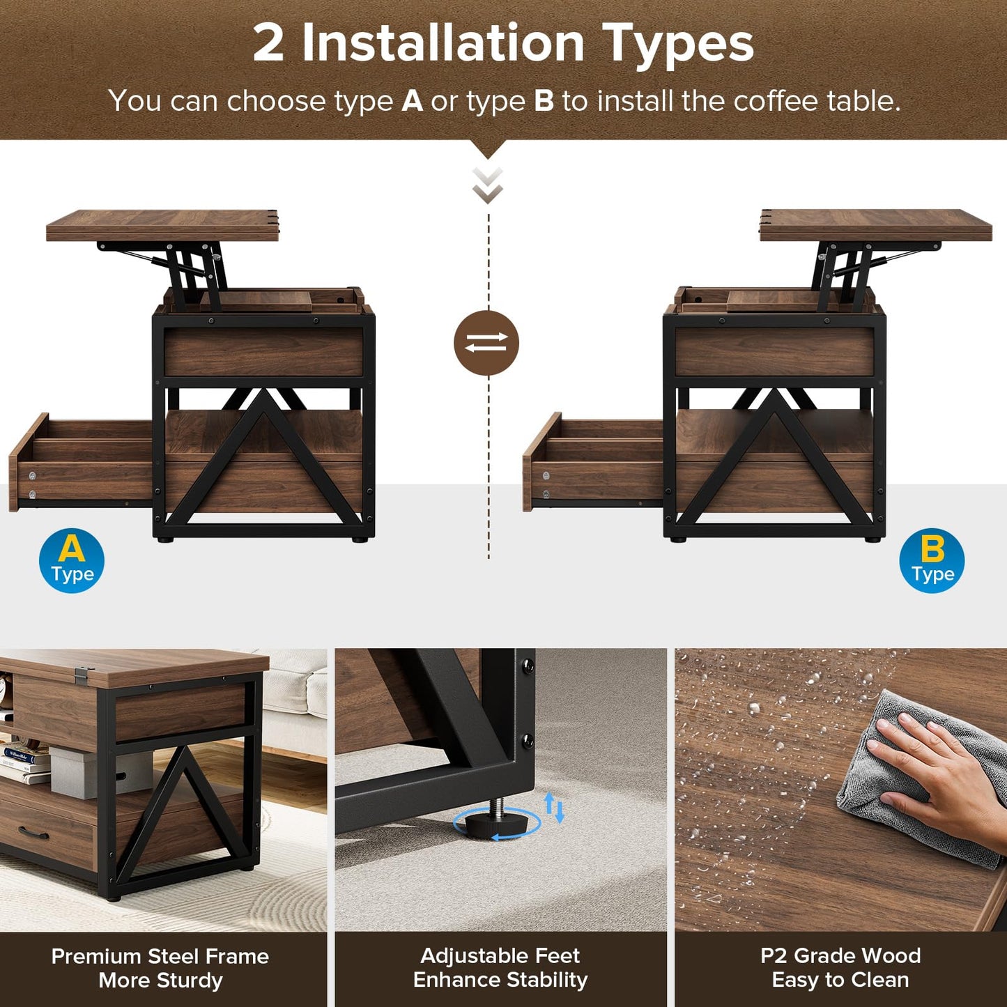 40" Lift Top Coffee Table,4 in 1 Multi-Function Lift Coffee Tables with Storage Drawers