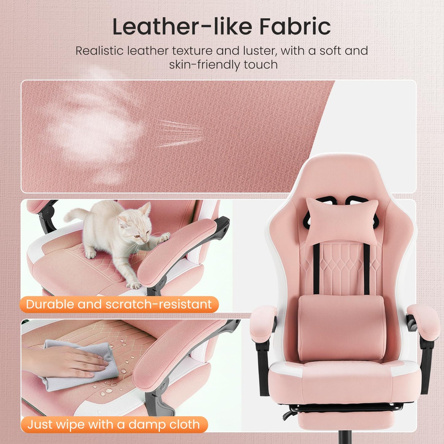 White Pink Gaming Chair with Footrest & Headrest, PU Leather Reclining Office Chair